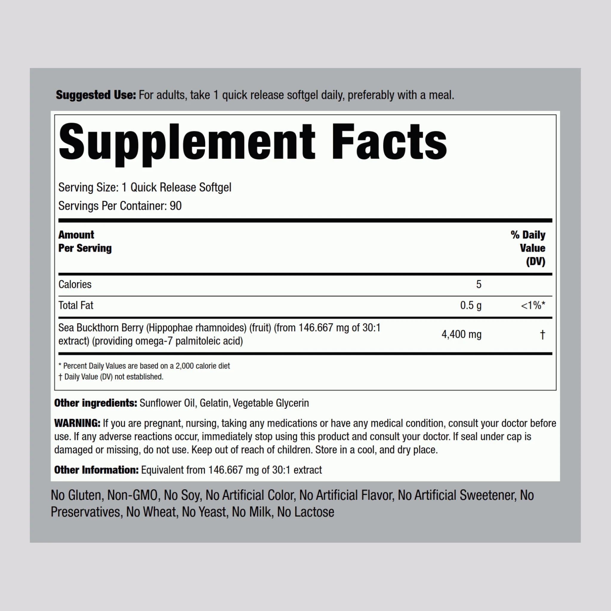 Sea Buckthorn Oil with Omega-7, 4400 mg, 90 Quick Release Softgels - Image 2