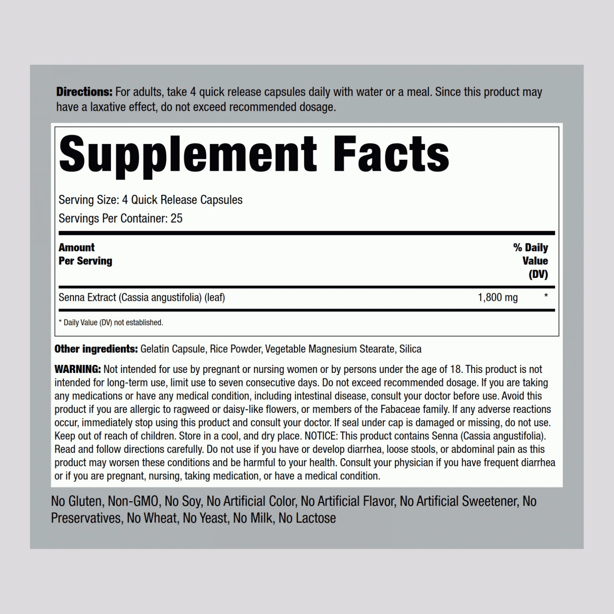 Senna Leaves, 1800 mg (per serving), 100 Quick Release Capsules - Image 2
