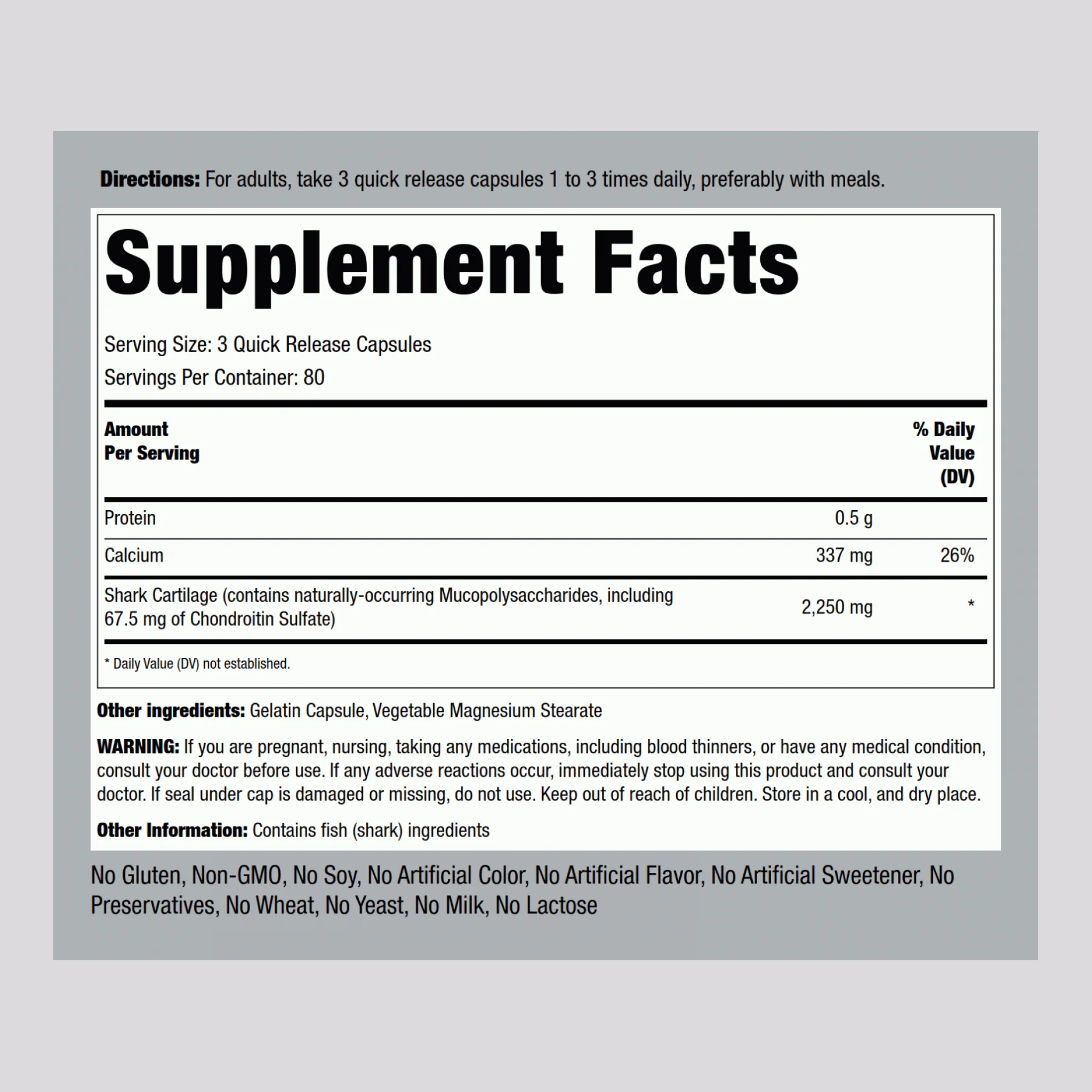 Shark Cartilage, 750 mg, 240 Quick Release Capsules - Image 2