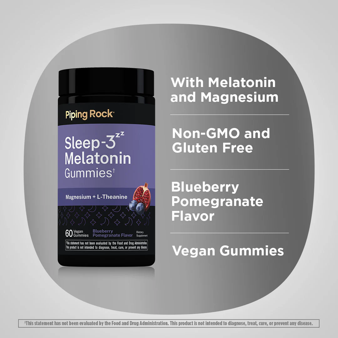 Sleep-3 Melatonin Gummies (Blueberry Pomegranate), 60 Vegan Gummies, 2  Bottles - Image 3
