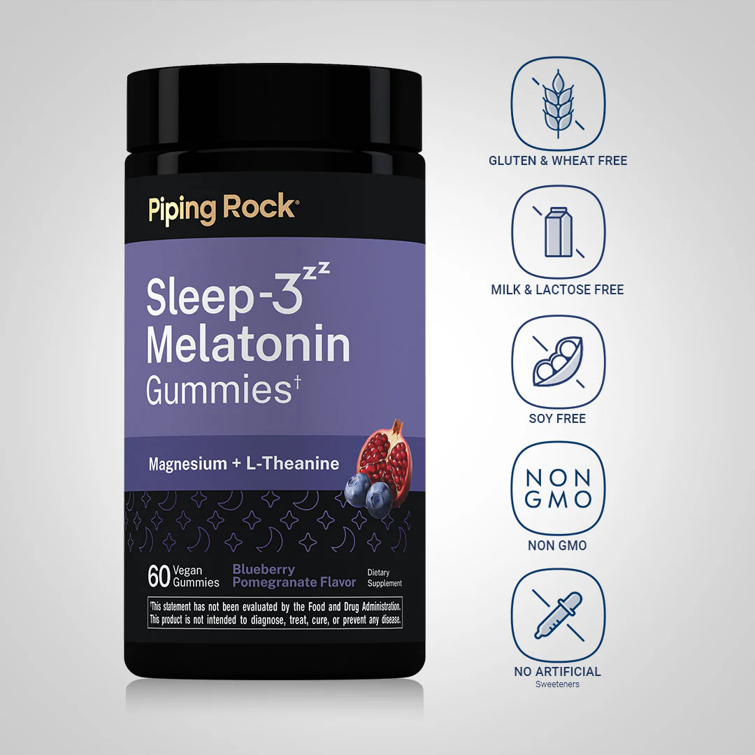 Sleep-3 Melatonin, Magnesium, & L-Theanine Gummies (Blueberry Pomegranate), 60 Vegan Gummies - Image 4