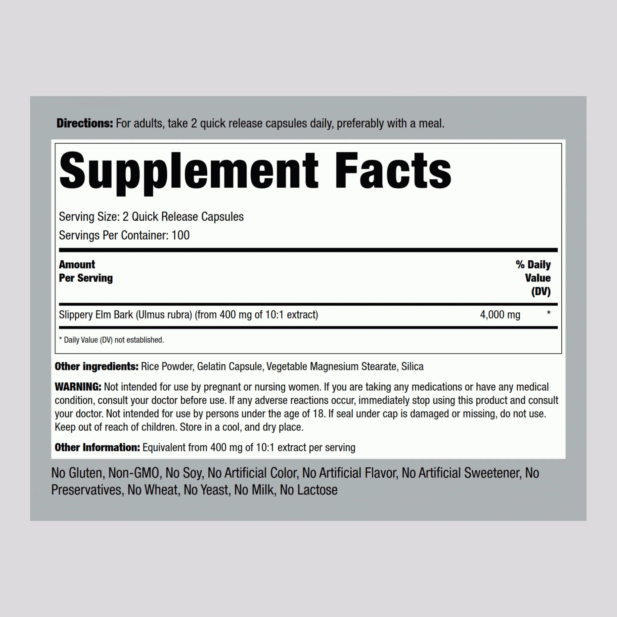 Slippery Elm Bark, 4000 mg (per serving), 200 Quick Release Capsules - Image 2