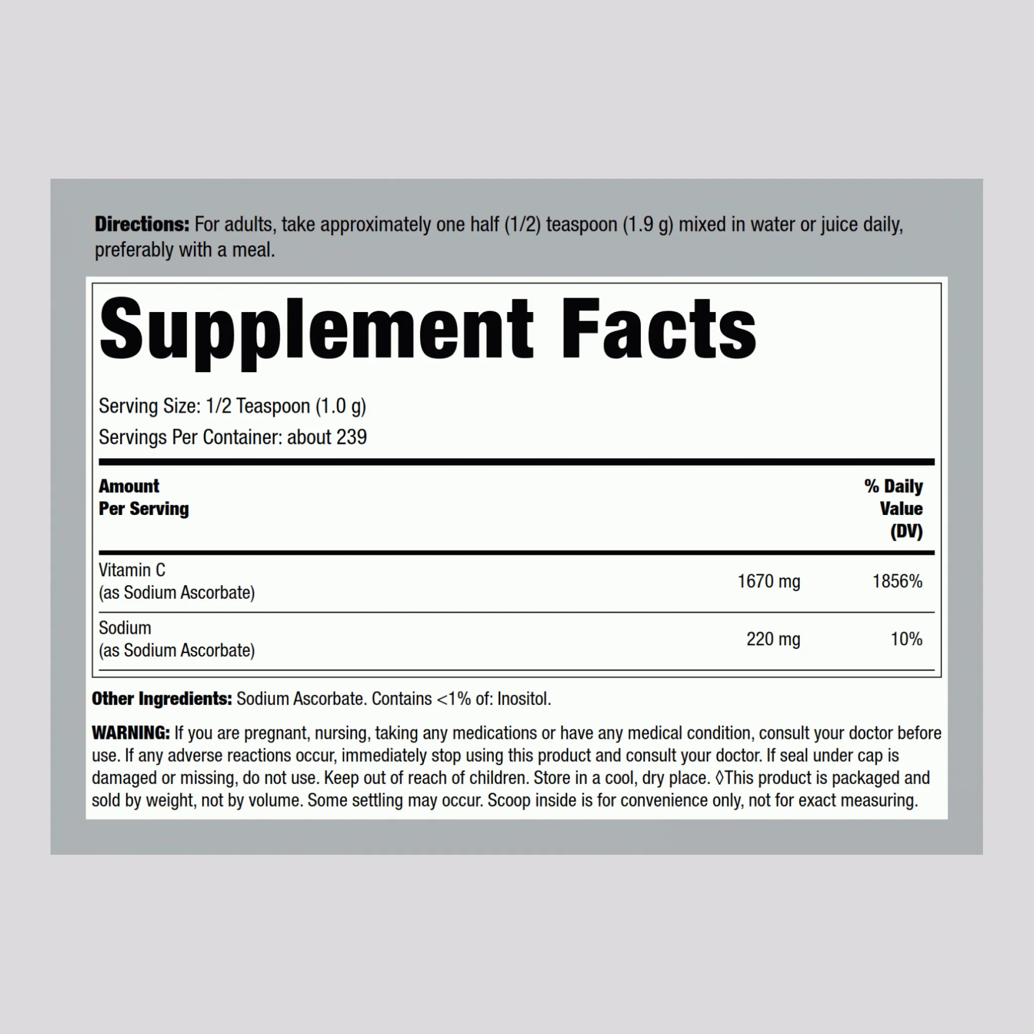 Sodium Ascorbate Buffered Vitamin C Powder, 16 fl oz (473 g) Bottle - Image 2