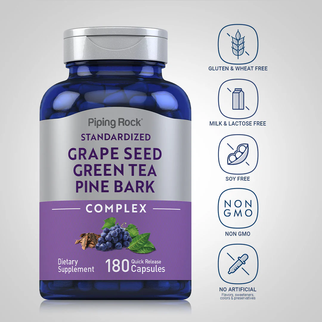 Standardized Grape seed, Green Tea & Pine Bark Complex, 180 Quick Release Capsules, 2  Bottles - Image 5
