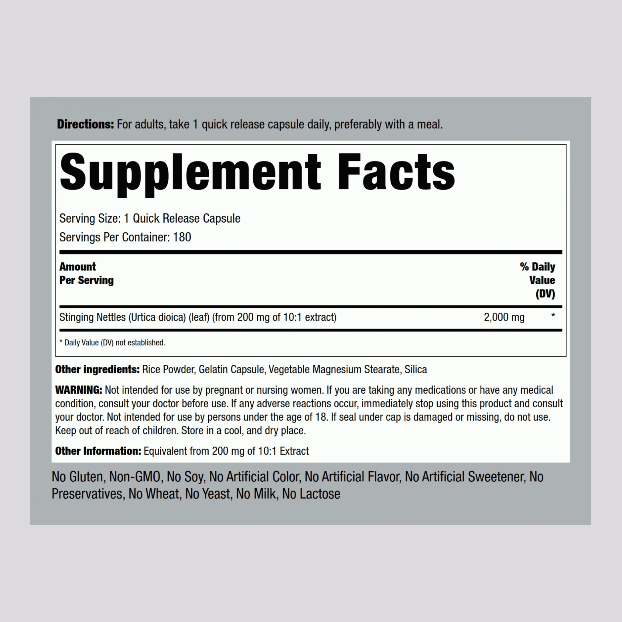 Stinging Nettles, 2000 mg, 180 Quick Release Capsules - Image 2