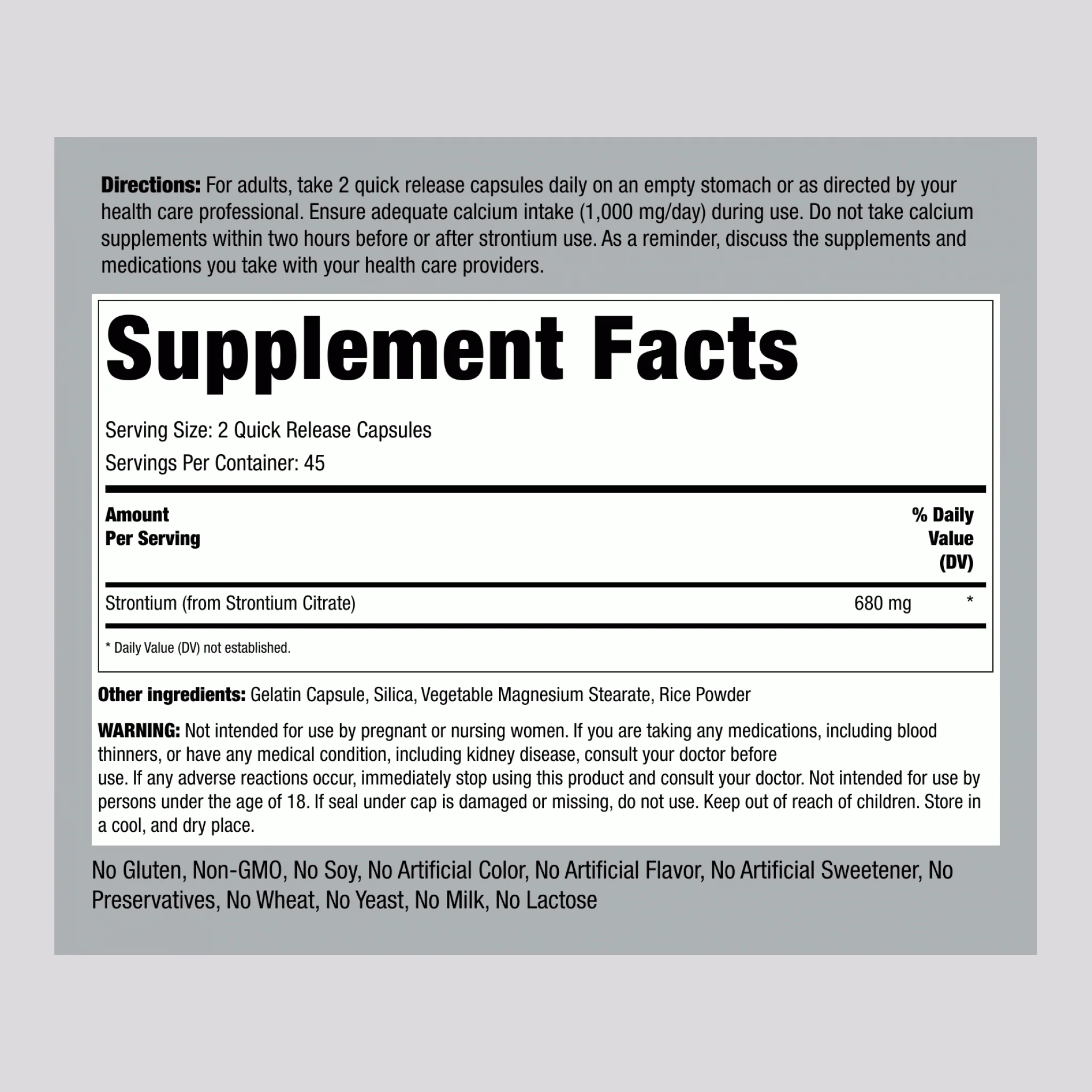 Strontium Citrate, 680 mg (per serving), 90 Quick Release Capsules - Image 2