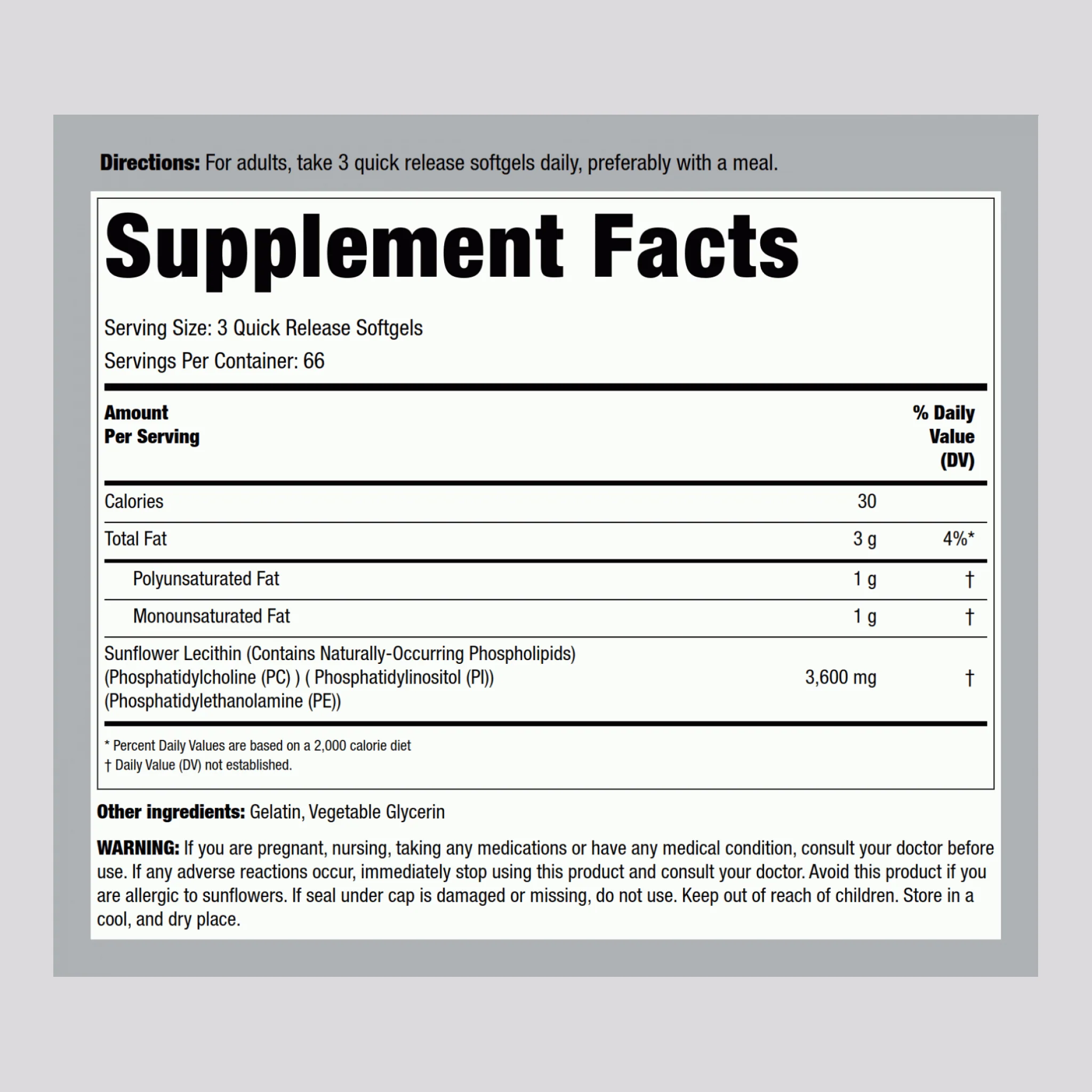 Sunflower Lecithin, 3600 mg (per serving), 200 Quick Release Softgels - Image 2
