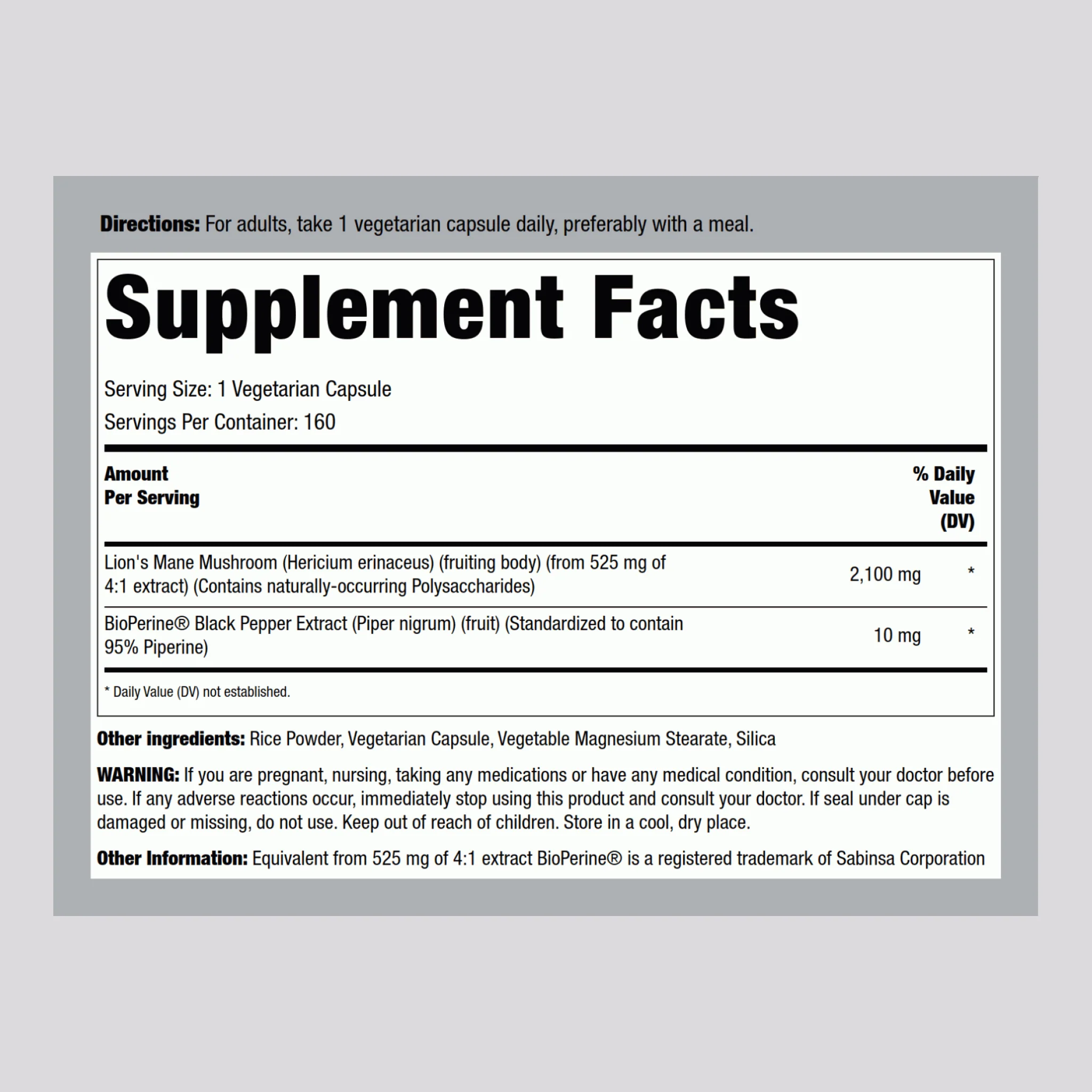 Super Lion's Mane Mushroom, 2100 mg, 160 Vegetarian Capsules - Image 3