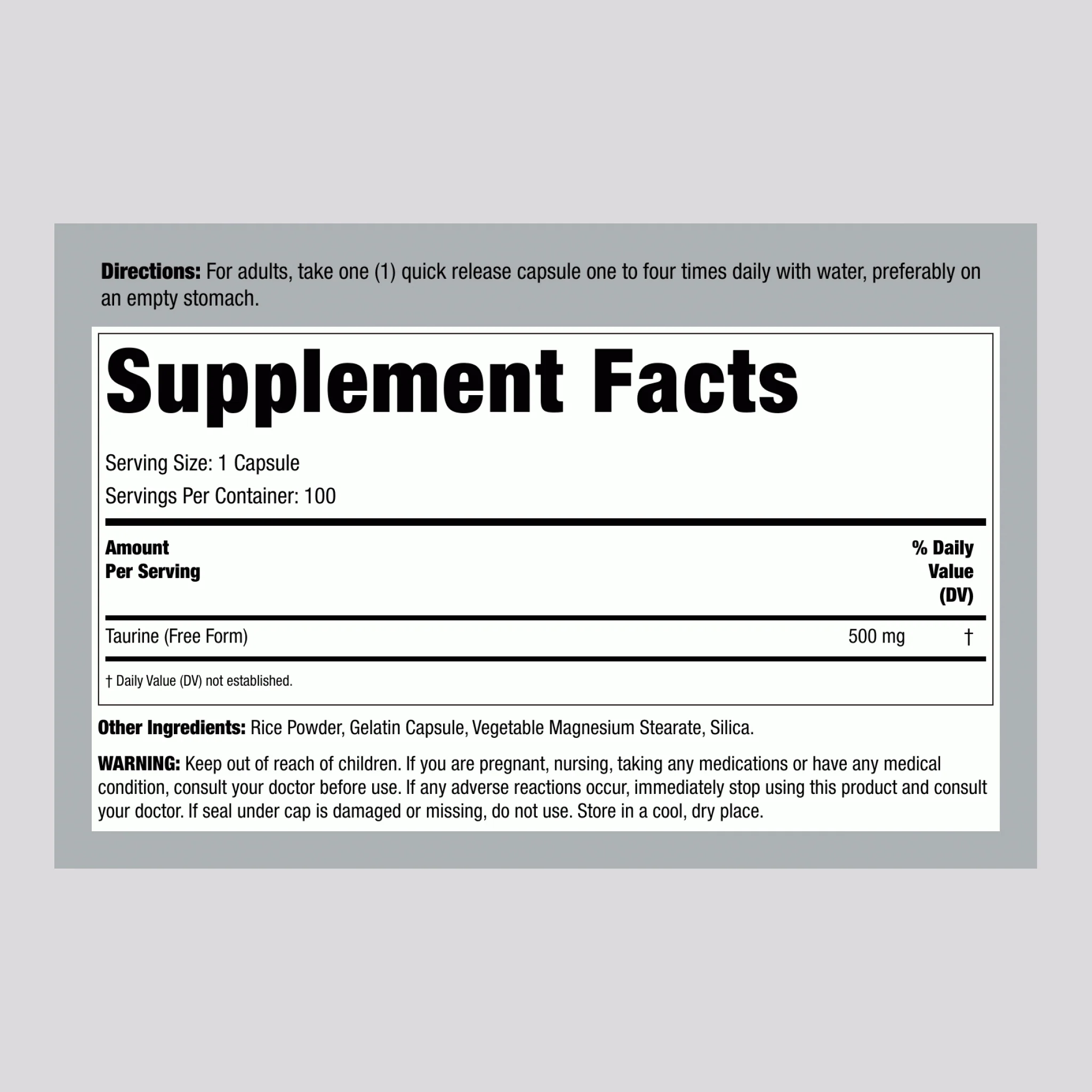 Taurine, 500 mg, 100 Quick Release Capsules - Image 2