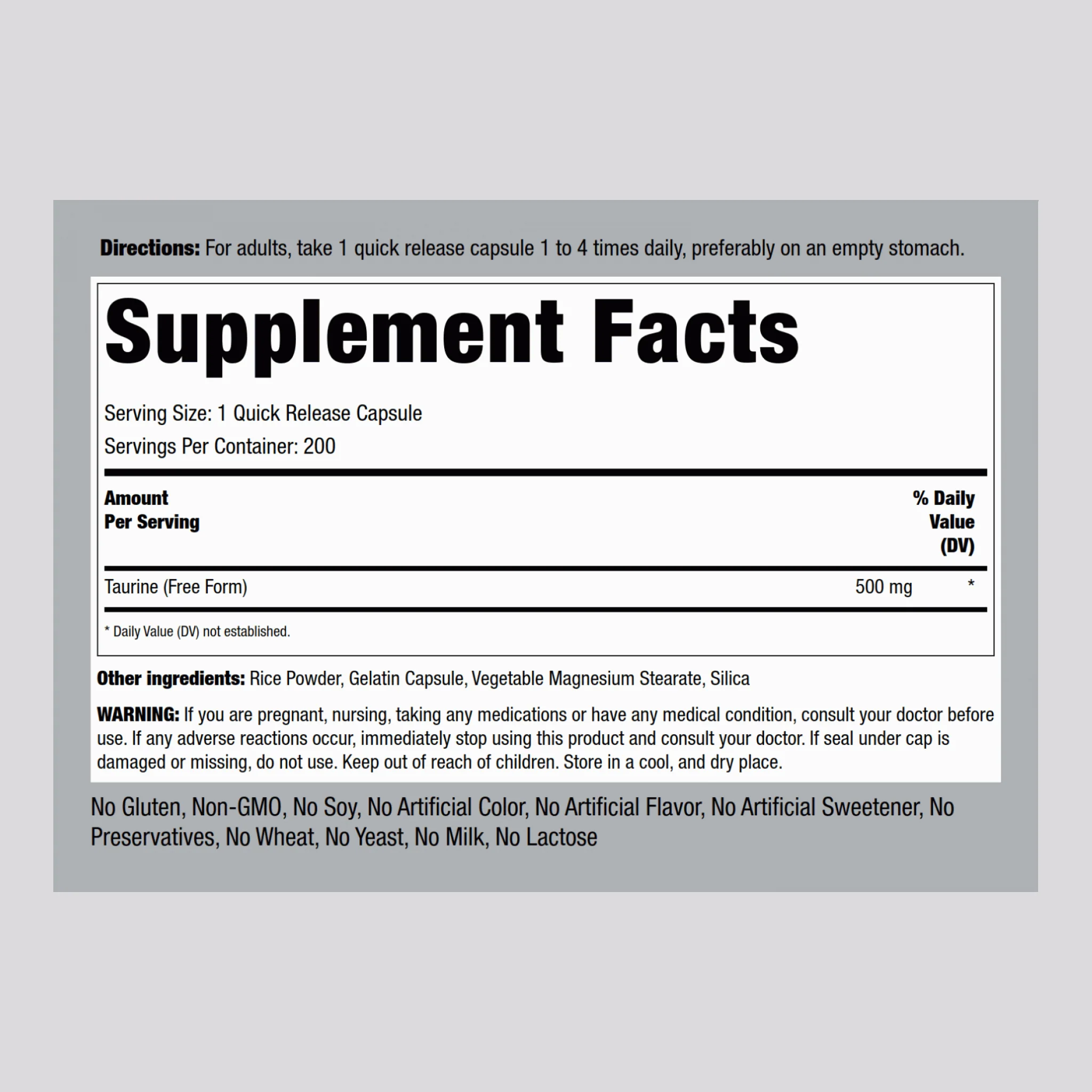 Taurine, 500 mg, 200 Quick Release Capsules, 2  Bottles - Image 2