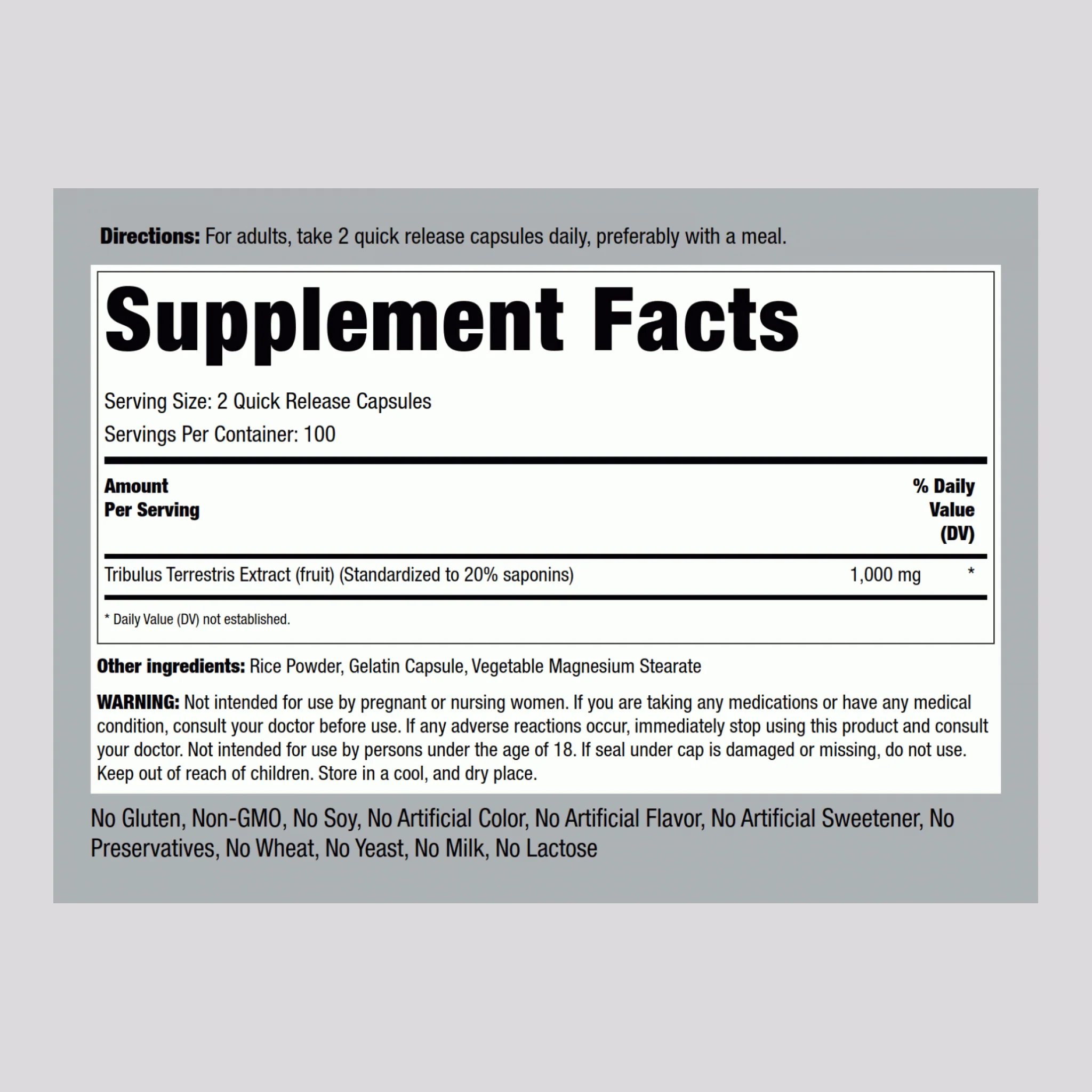 Tribulus Mega, 1000 mg (per serving), 200 Quick Release Capsules - Image 2