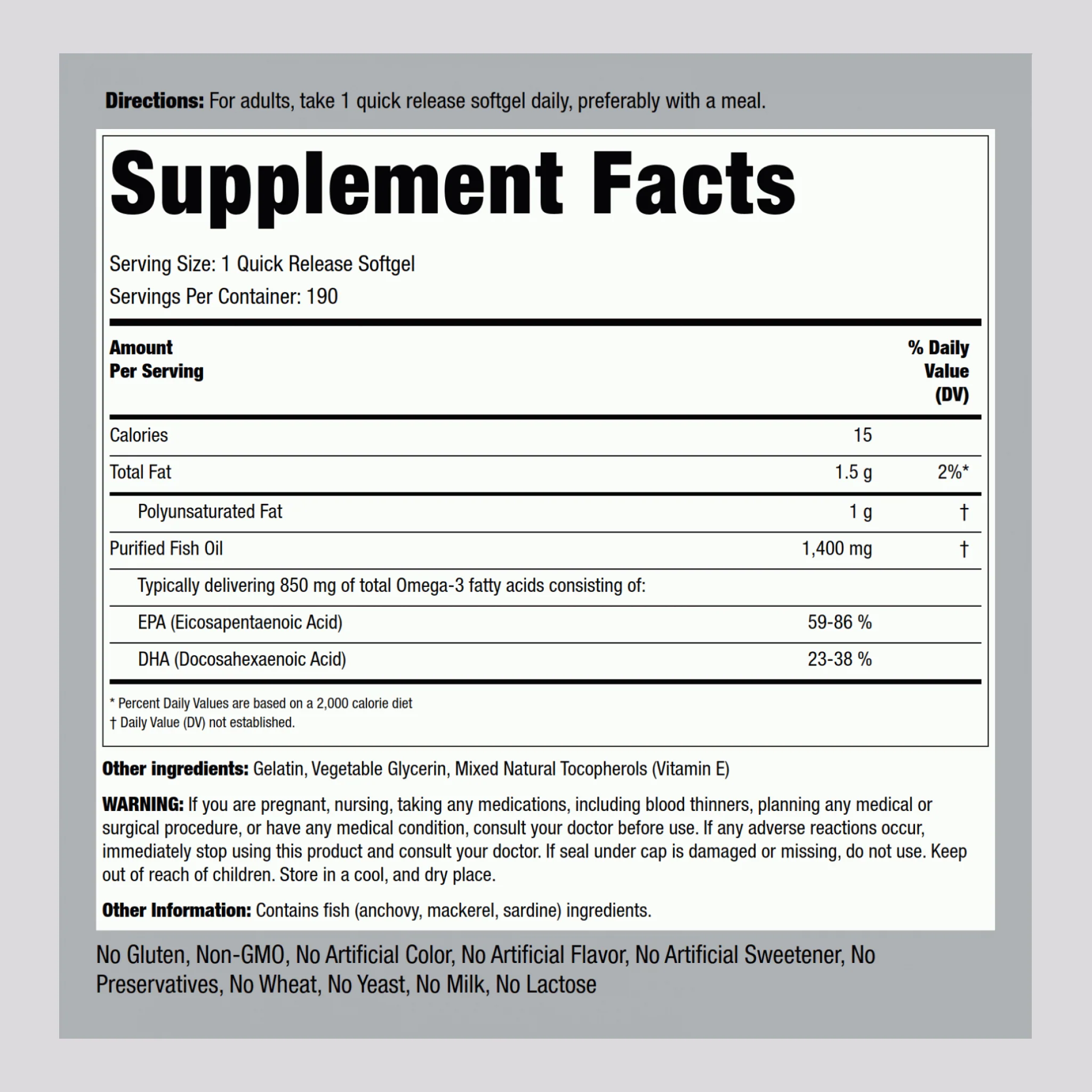 Triple Strength Omega-3 Fish Oil 1400 mg (850 mg Active Omega-3), 190 Quick Release Softgels - Image 2