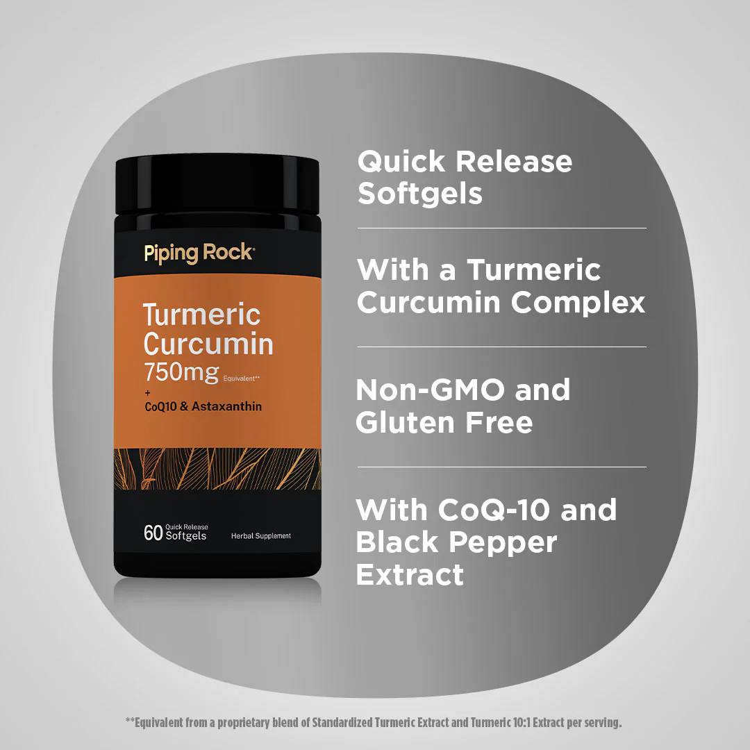 Turmeric Curcumin Plus Coq10 and Astaxanthin, 750 mg, 60 Quick Release Softgels, 2  Bottles - Image 3