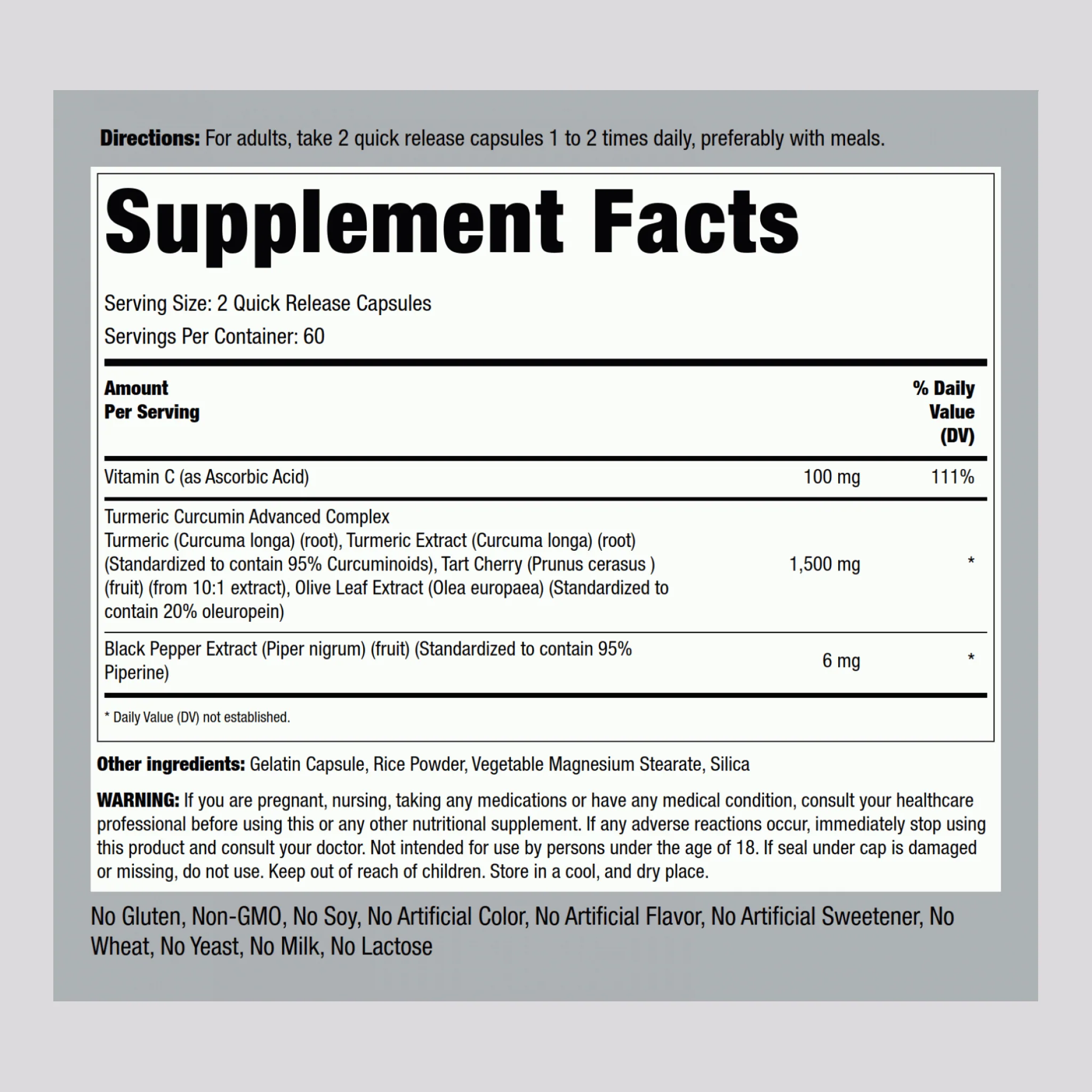 Turmeric Curcumin Standardized Advanced Complex, 120 Quick Release Capsules - Image 2