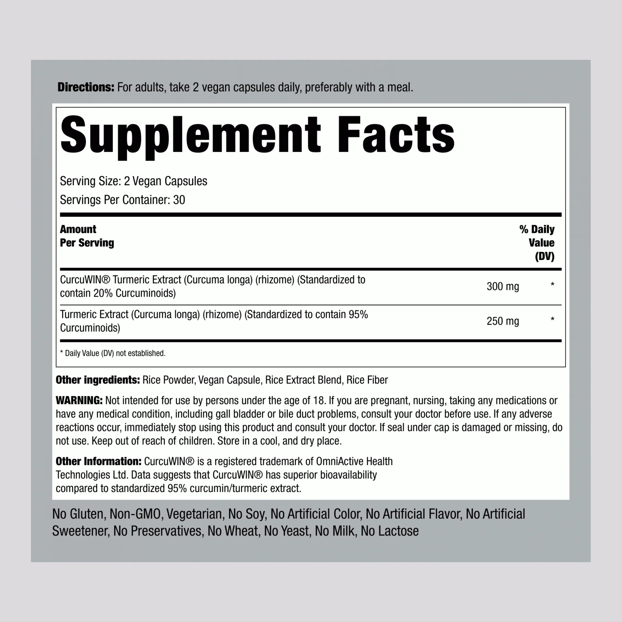 Turmeric Curcuwin Complex, 550 mg (per serving), 60 Vegan Capsules - Image 2