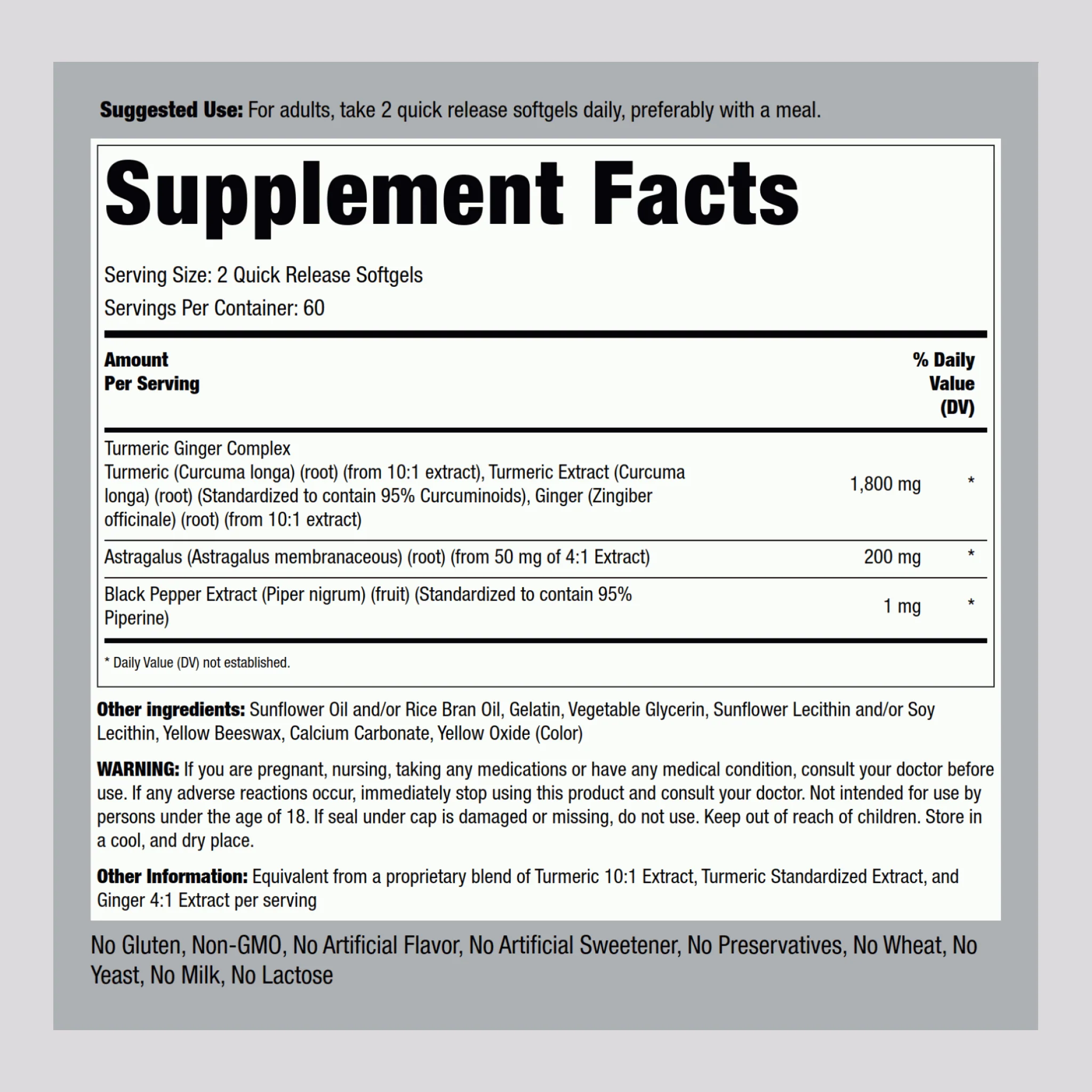Turmeric Ginger Complex Standardized, 1800 mg (per serving), 120 Quick Release Softgels - Image 2