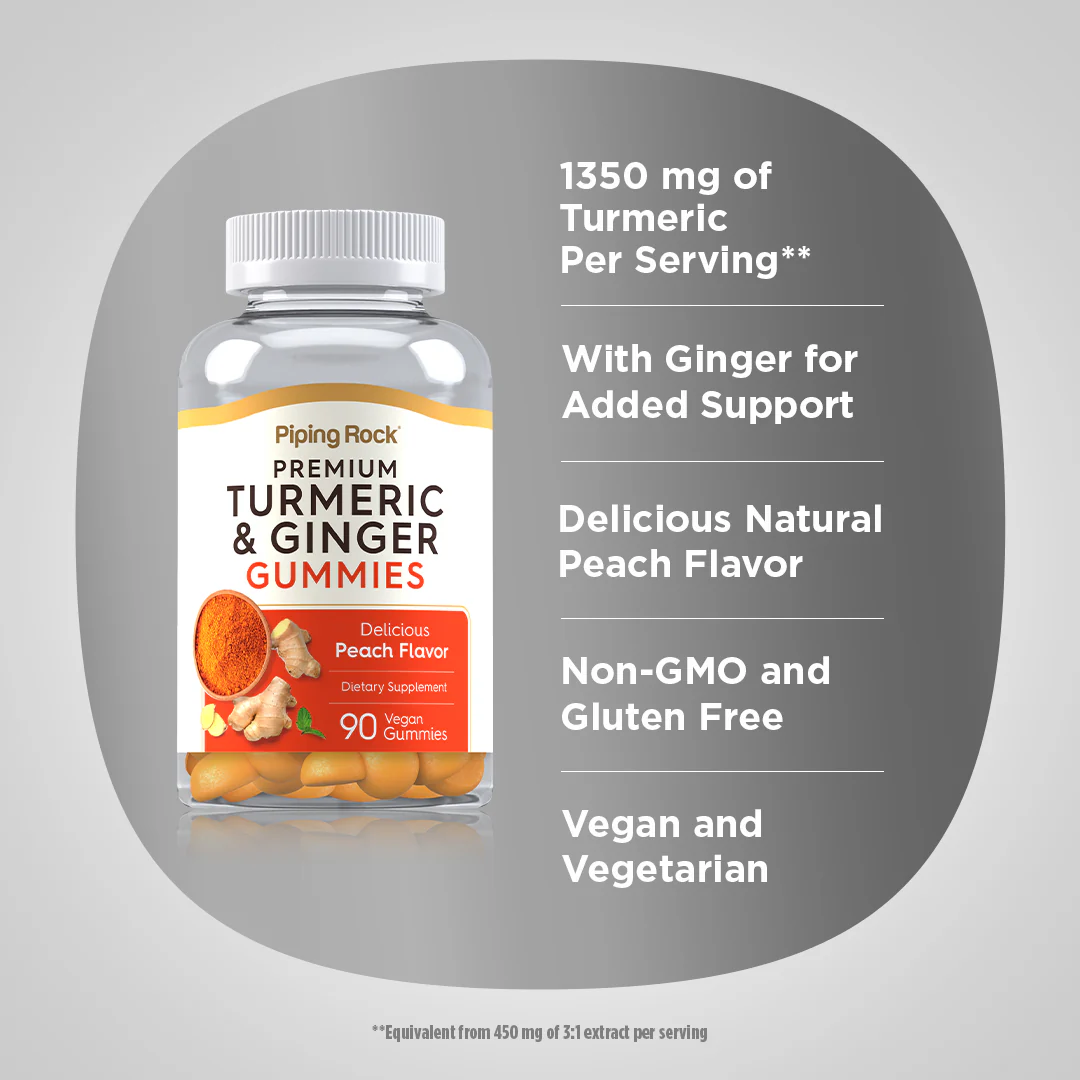 Turmeric & Ginger (Delicious Peach), 90 Vegan Gummies, 2  Bottles - Image 3