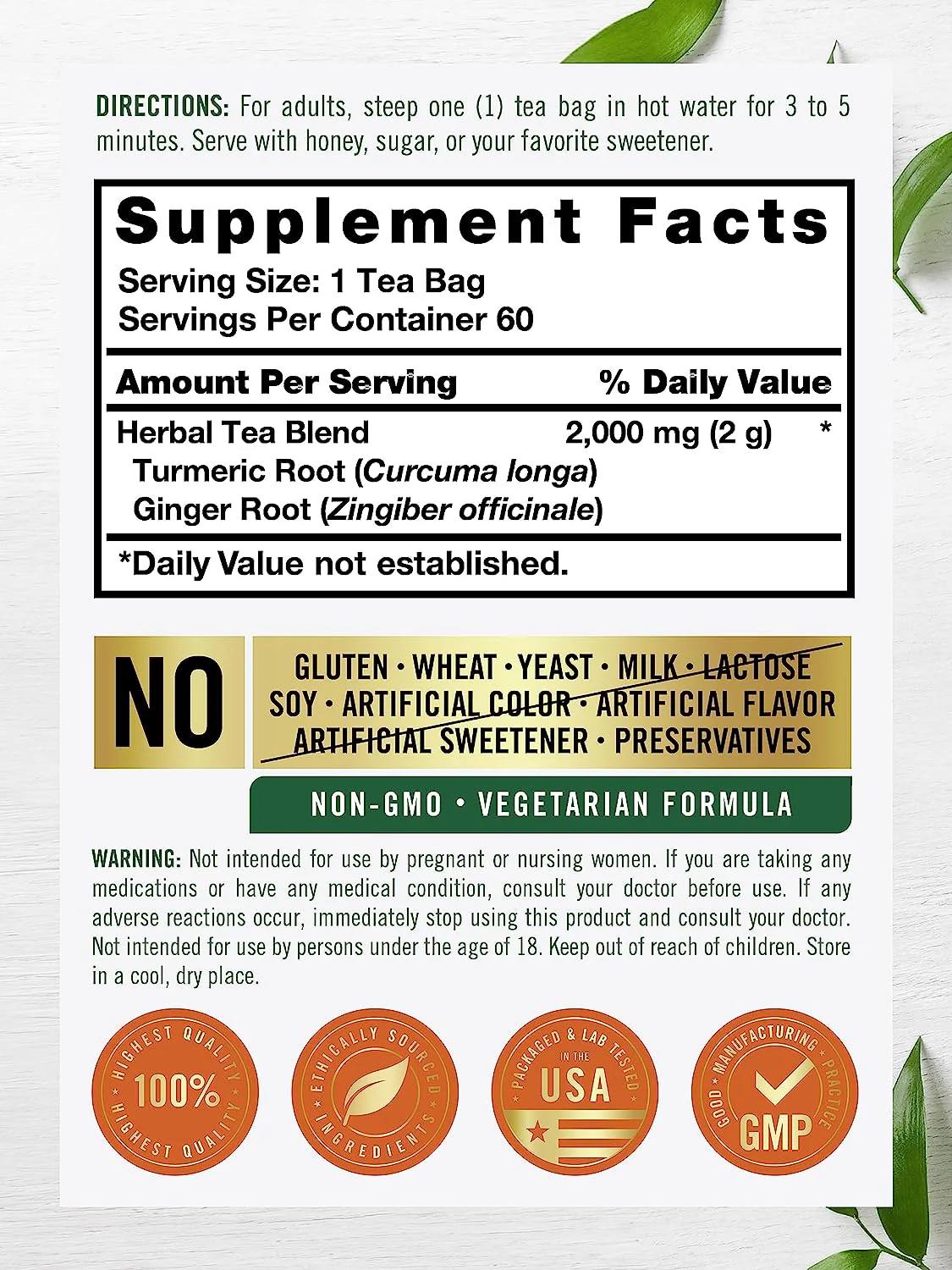 Turmeric Tea, 2000 mg, 60 Tea Bags - Image 3