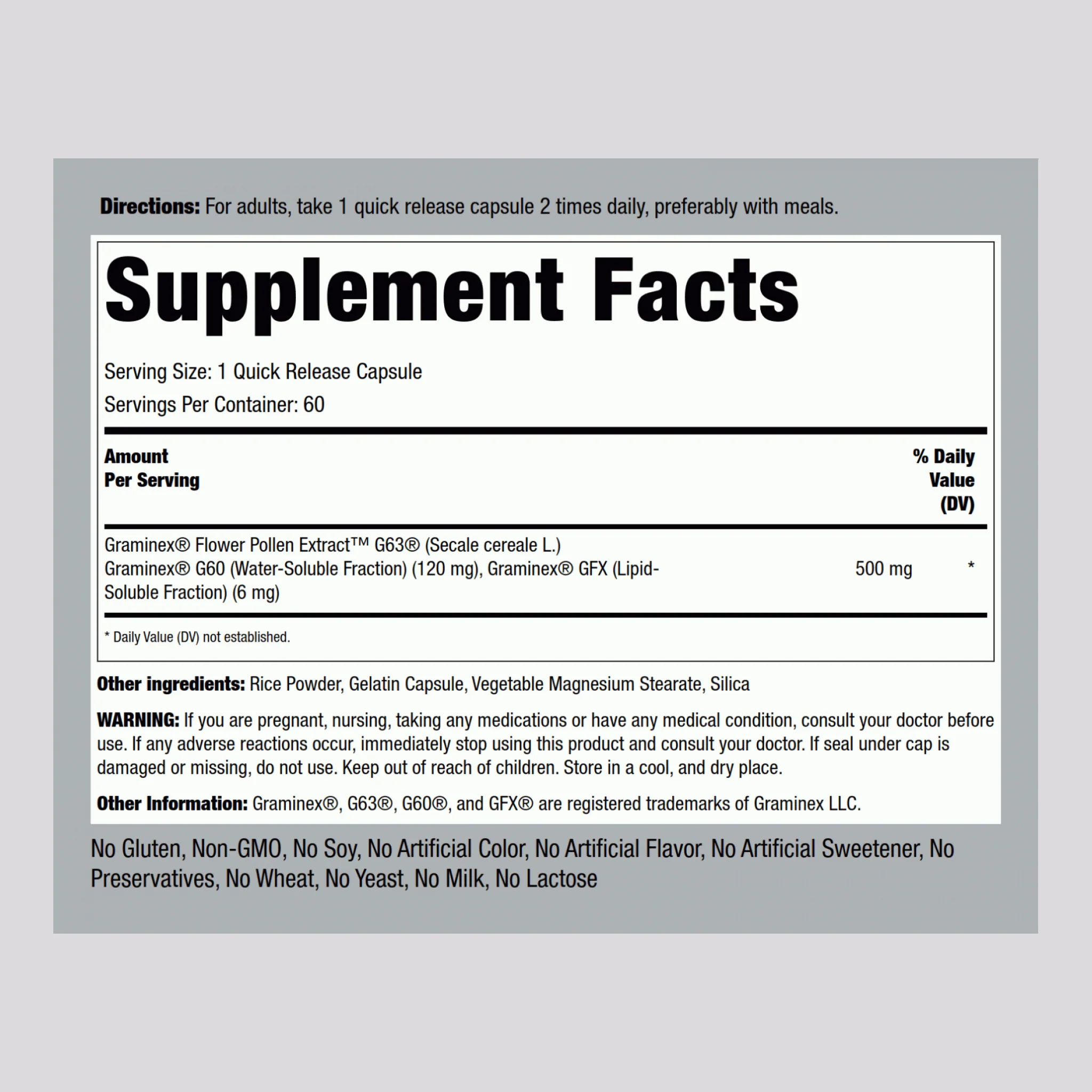 Ultra Graminex Flower Pollen Ext, 500 mg, 60 Quick Release Capsules - Image 2