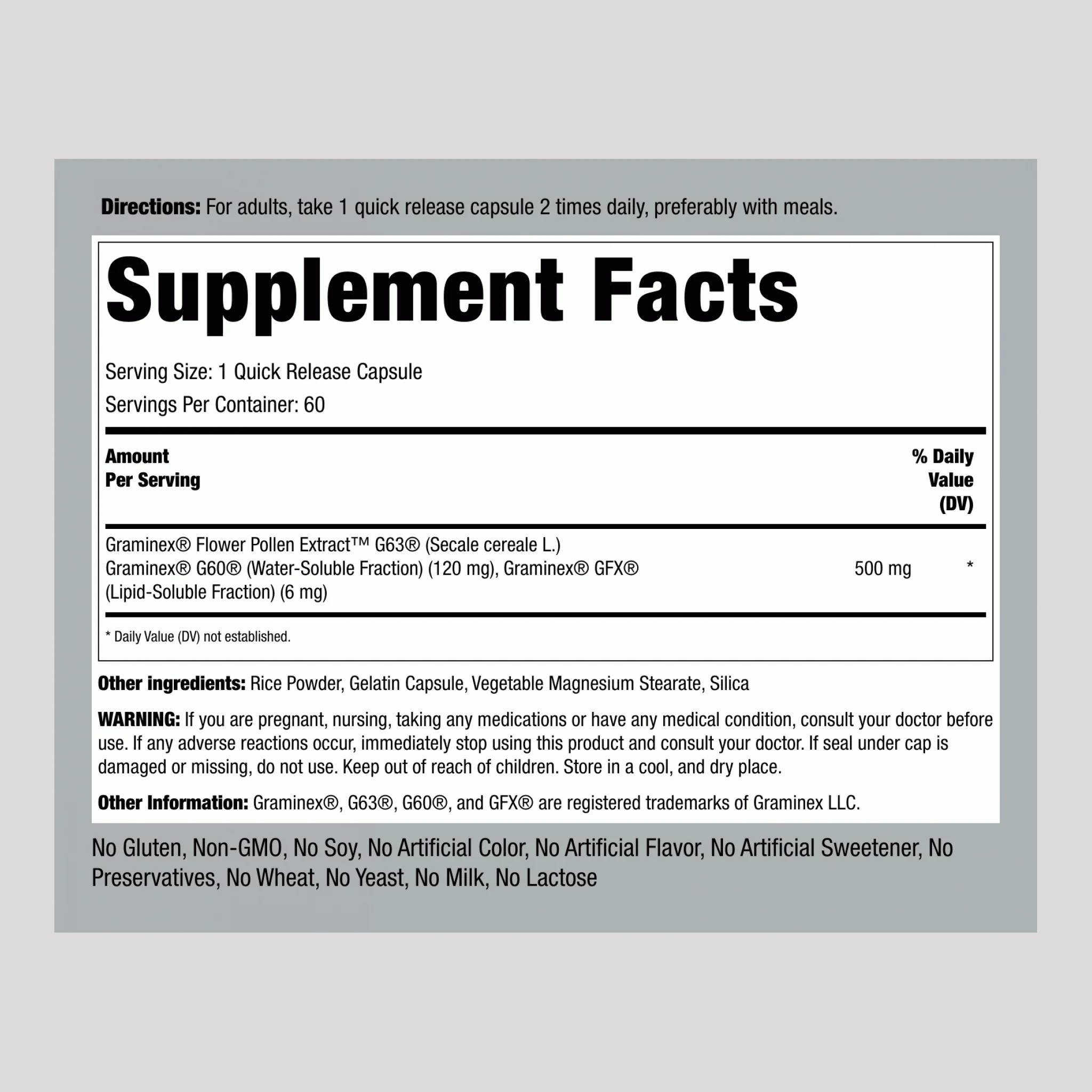 Ultra Graminex Flower Pollen Ext, 500 mg, 60 Quick Release Capsules, 2  Bottles - Image 2