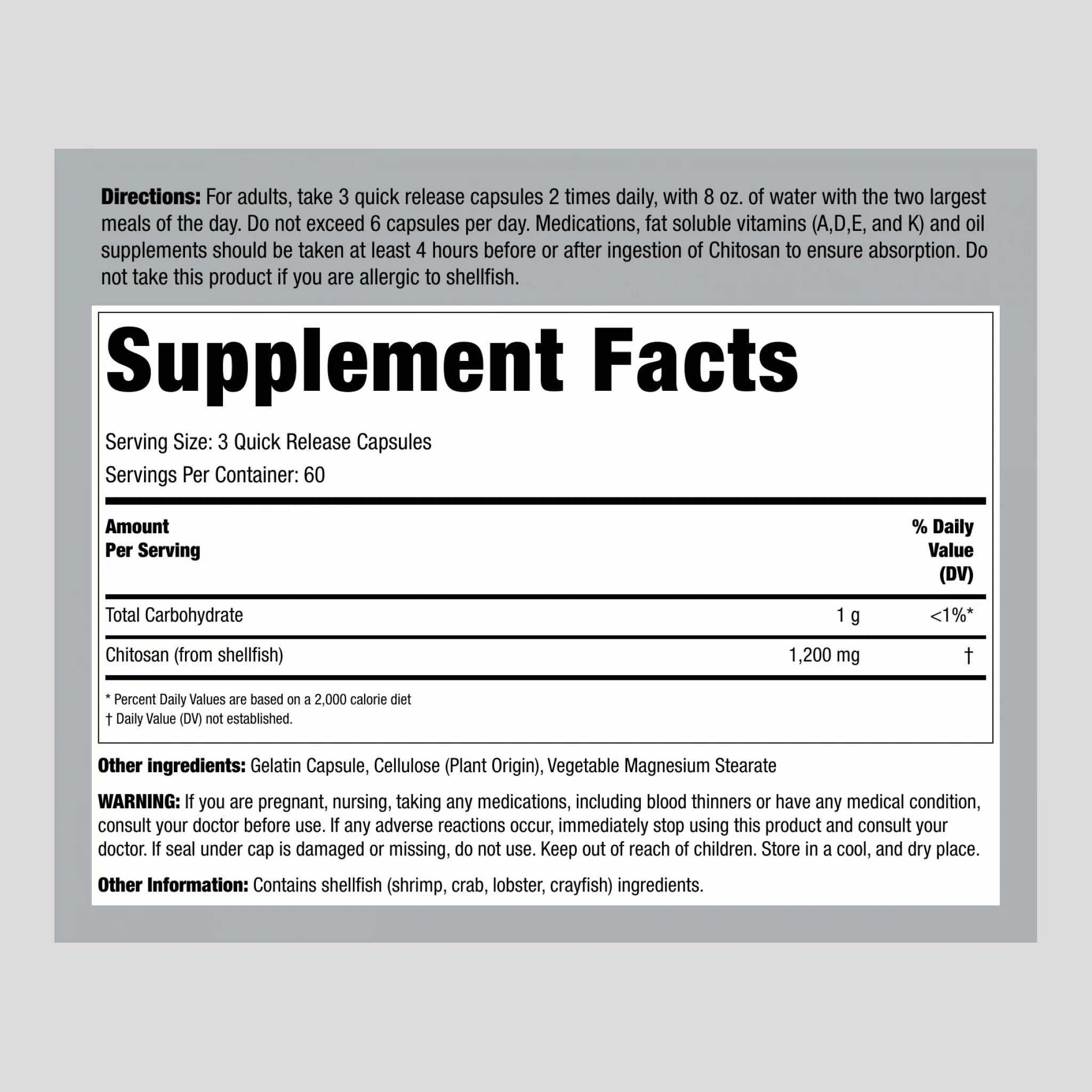Ultra Lipo Chitosan, 1200 mg (per serving), 180 Quick Release Capsules - Image 2