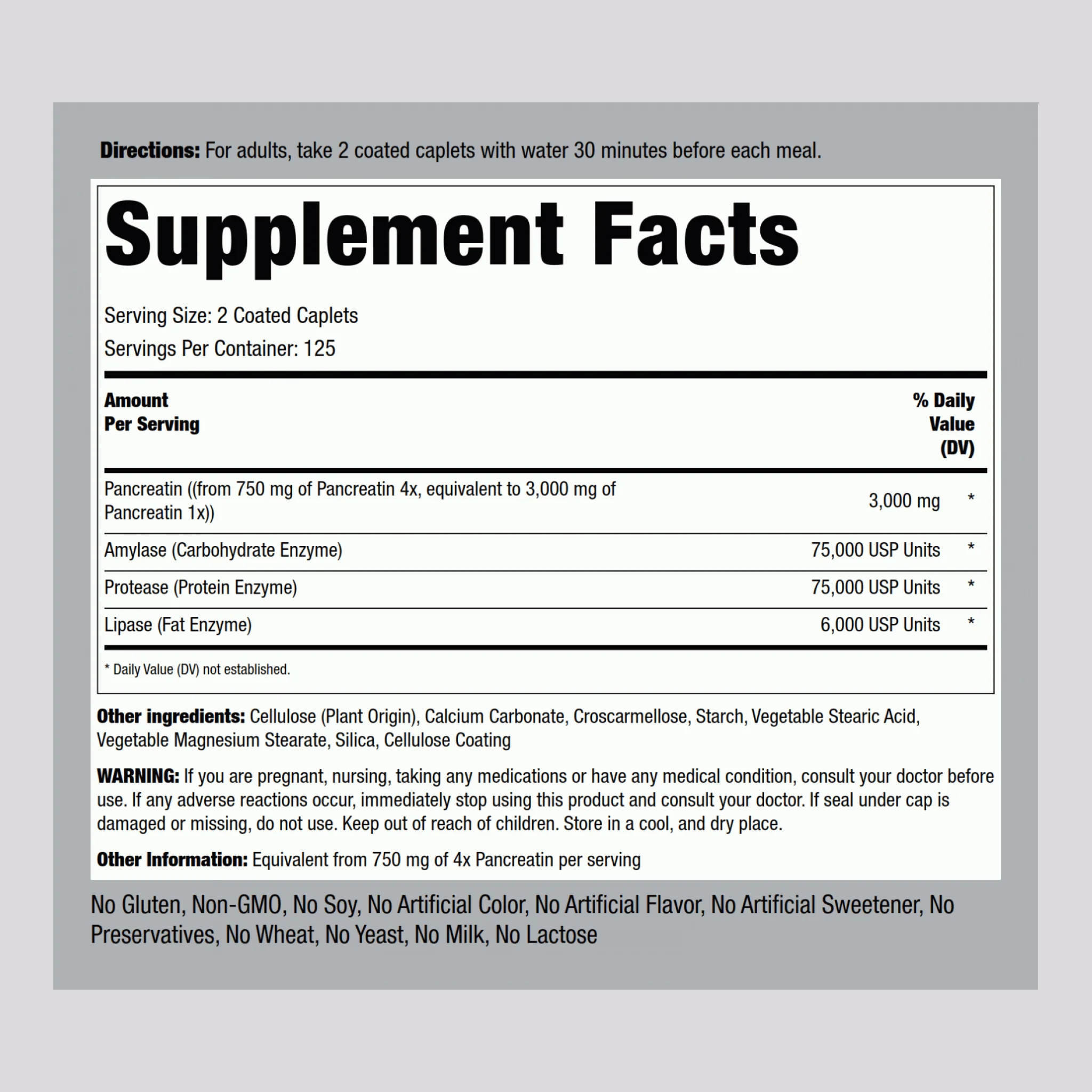 Ultra Strength Pancreatin Enzyme, 3000 mg (per serving), 250 Coated Caplets - Image 2