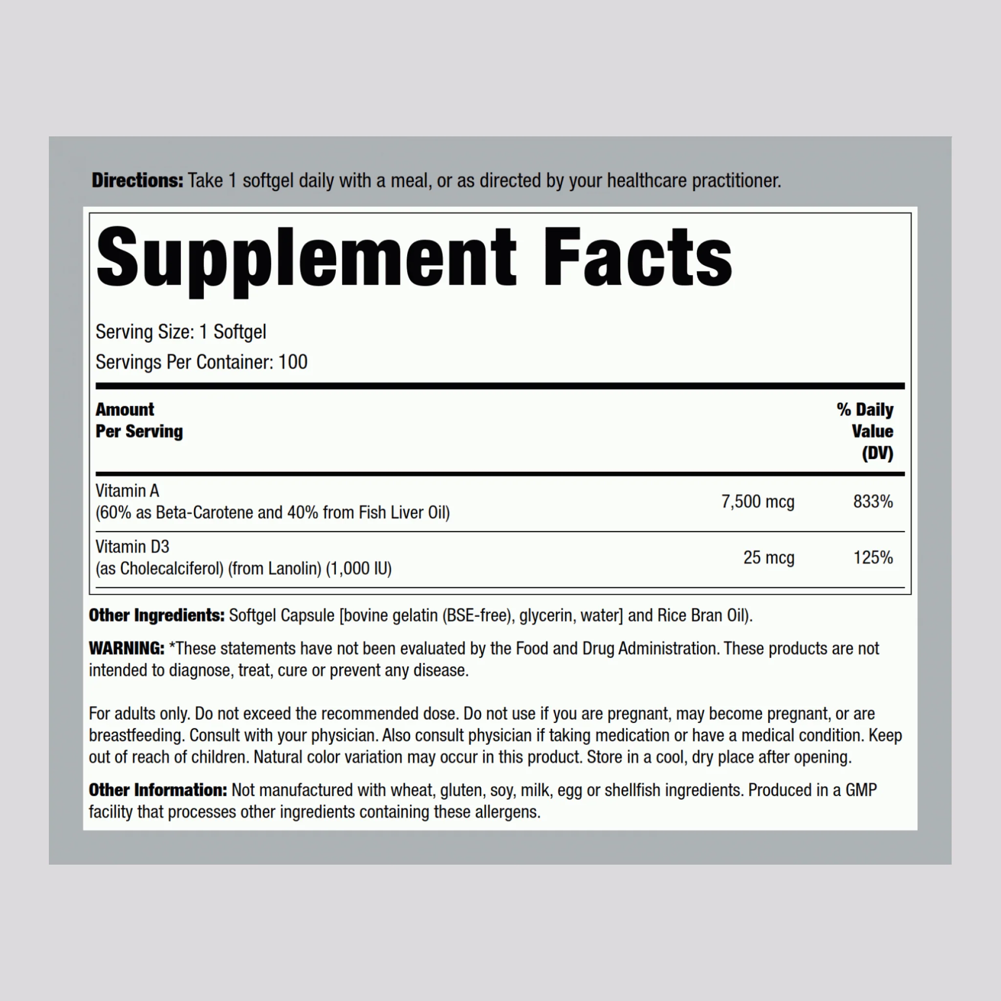 Ultra Vitamin A & D3, 25,000/1,000 IU, 100 Softgels - Image 2