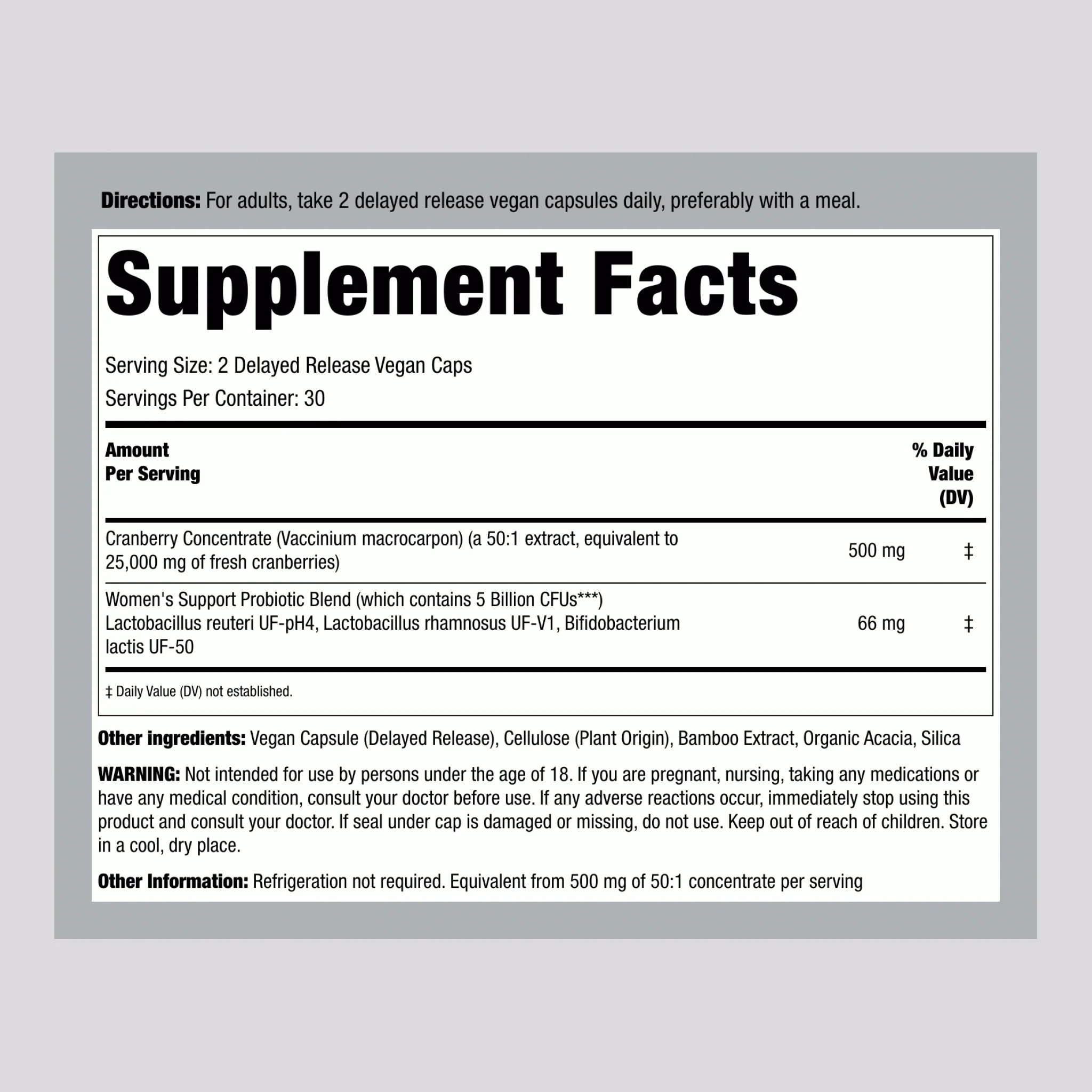 Urinary + Vaginal Probiotic + Cranberry, 25,0000 mg (per serving), 60 Delayed Release Vegan Caps, 2  Bottles - Image 2