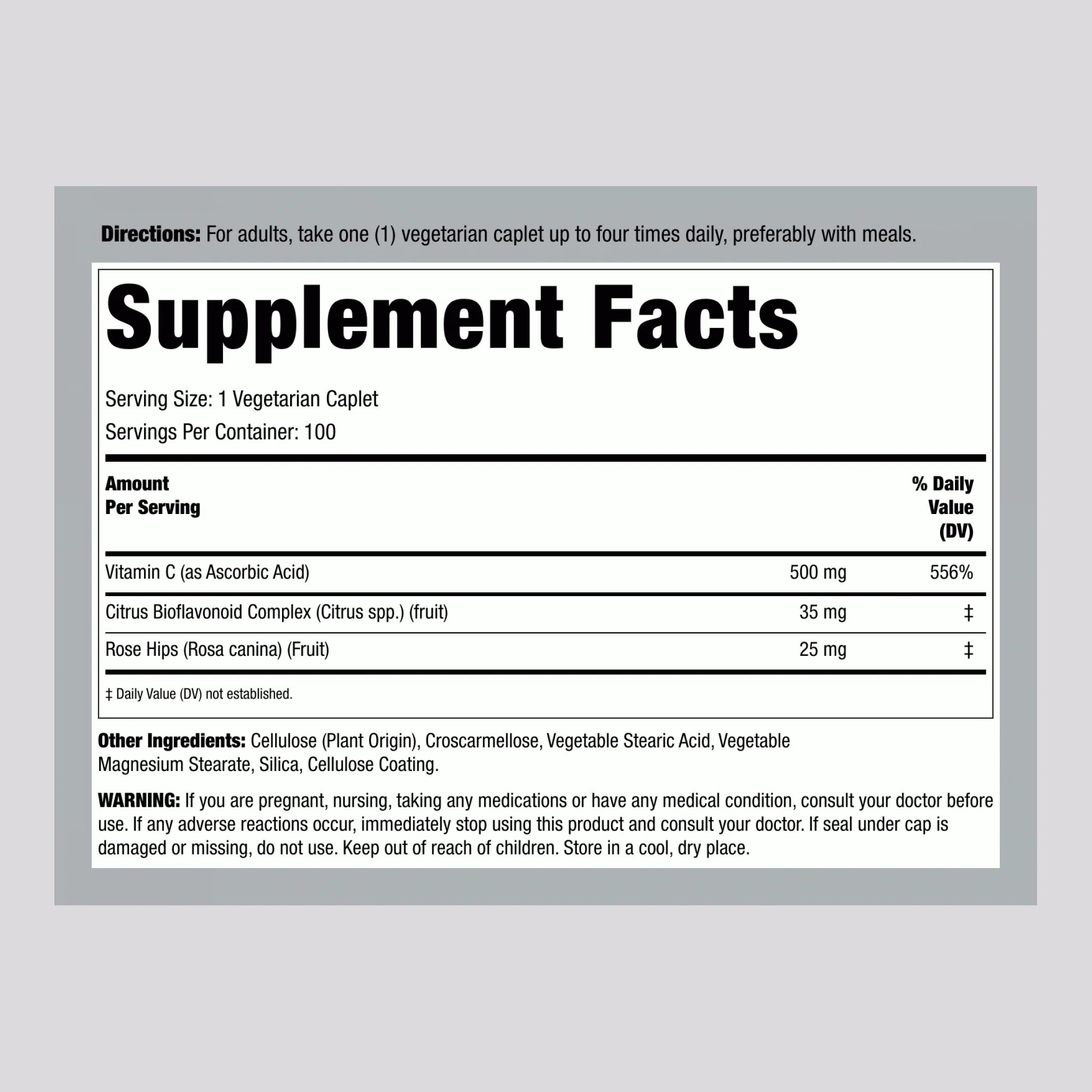 Vitamin C 500 mg plus Rose Hips & Bioflavonoids, 100 Vegetarian Caplets - Image 2