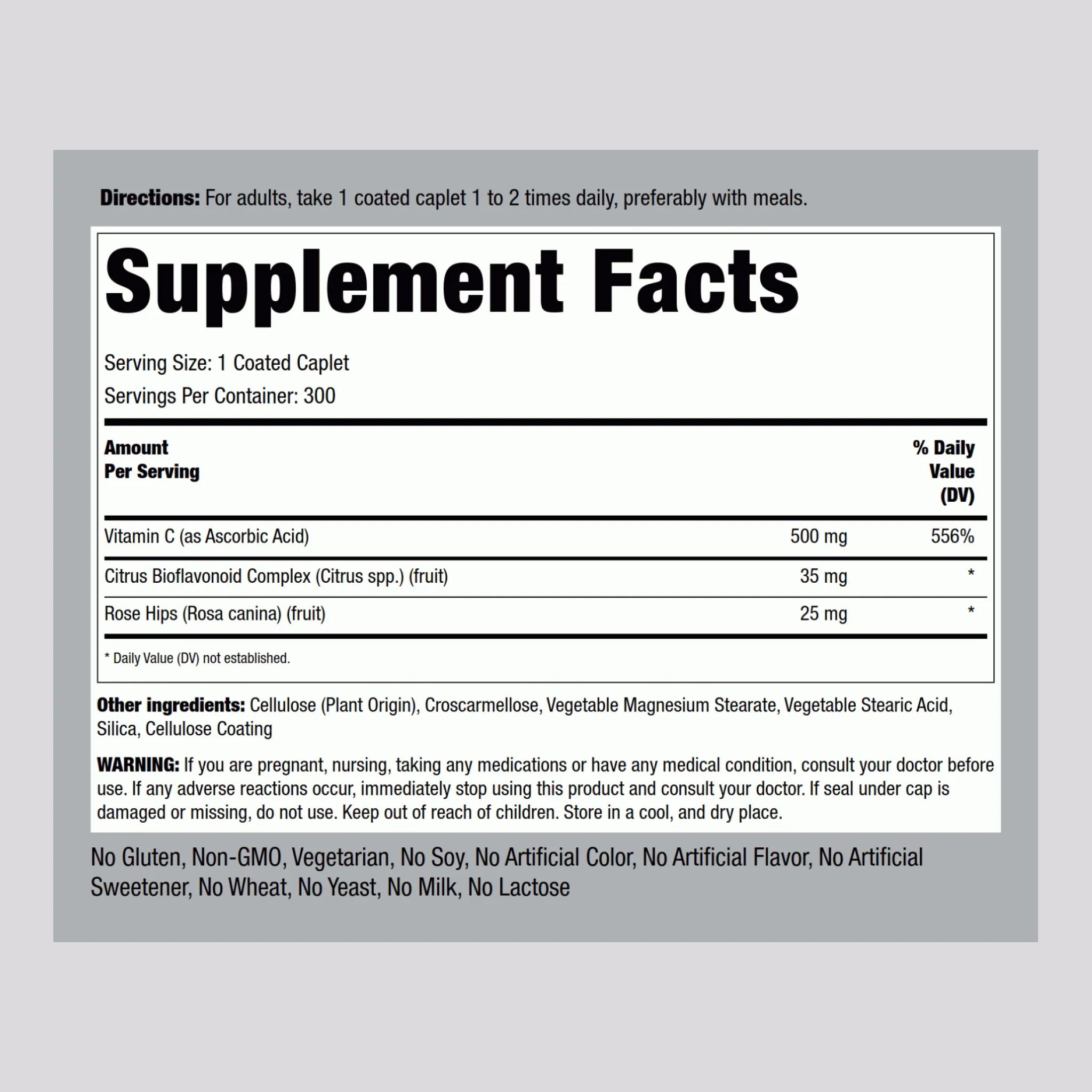 Vitamin C 500 mg with Bioflavonoids & Rose Hips, 300 Coated Caplets - Image 2