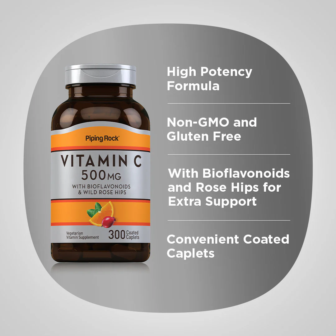 Vitamin C 500 mg with Bioflavonoids & Rose Hips, 300 Coated Caplets, 2  Bottles - Image 3