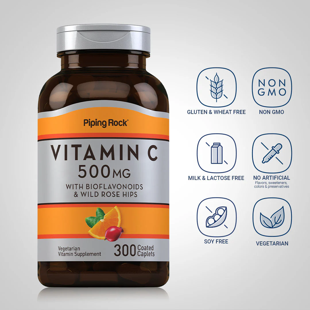 Vitamin C 500 mg with Bioflavonoids & Rose Hips, 300 Coated Caplets, 2  Bottles - Image 4