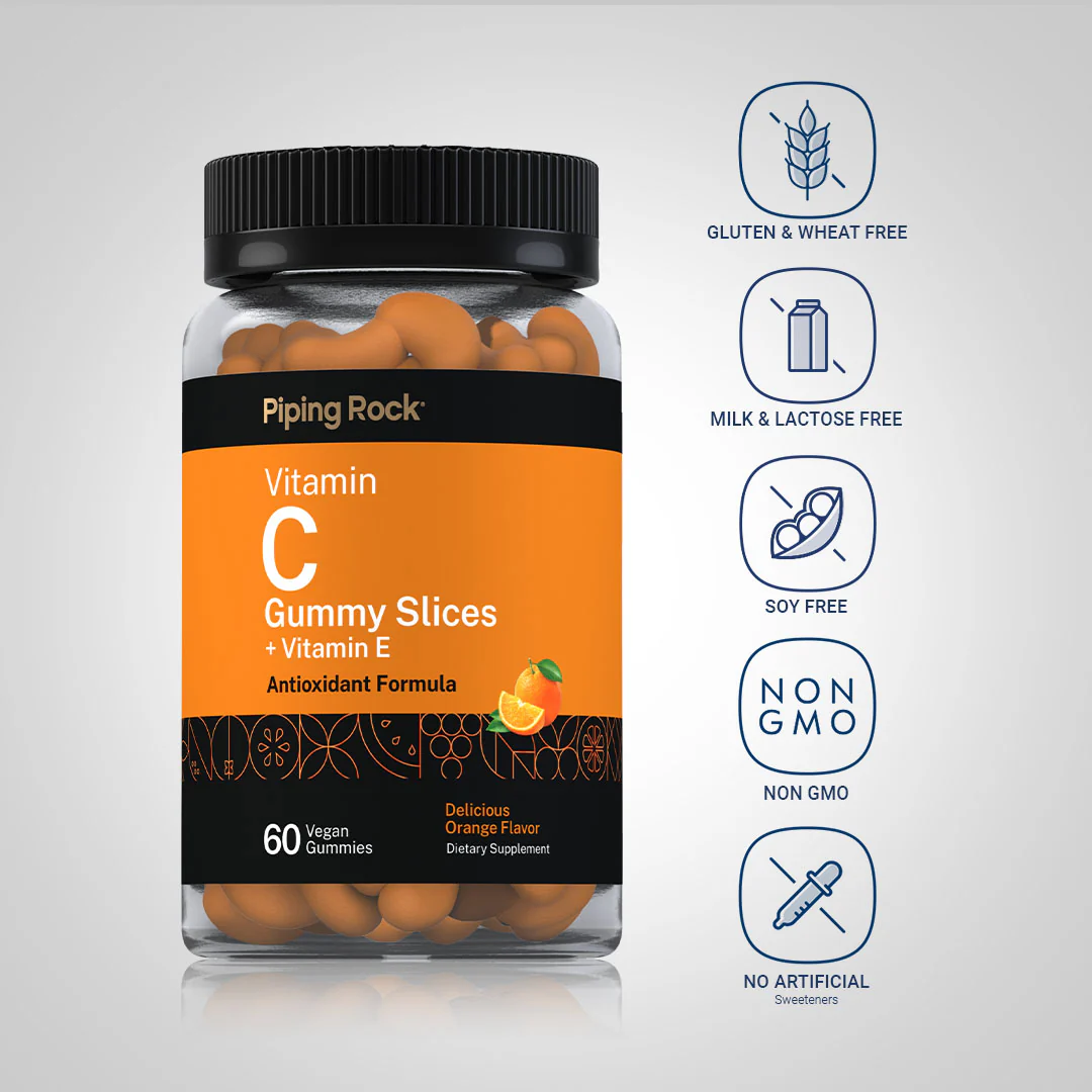 Vitamin C Gummy Slices + Vitamin E (Delicious Orange), 60 Vegan Gummies - Image 4