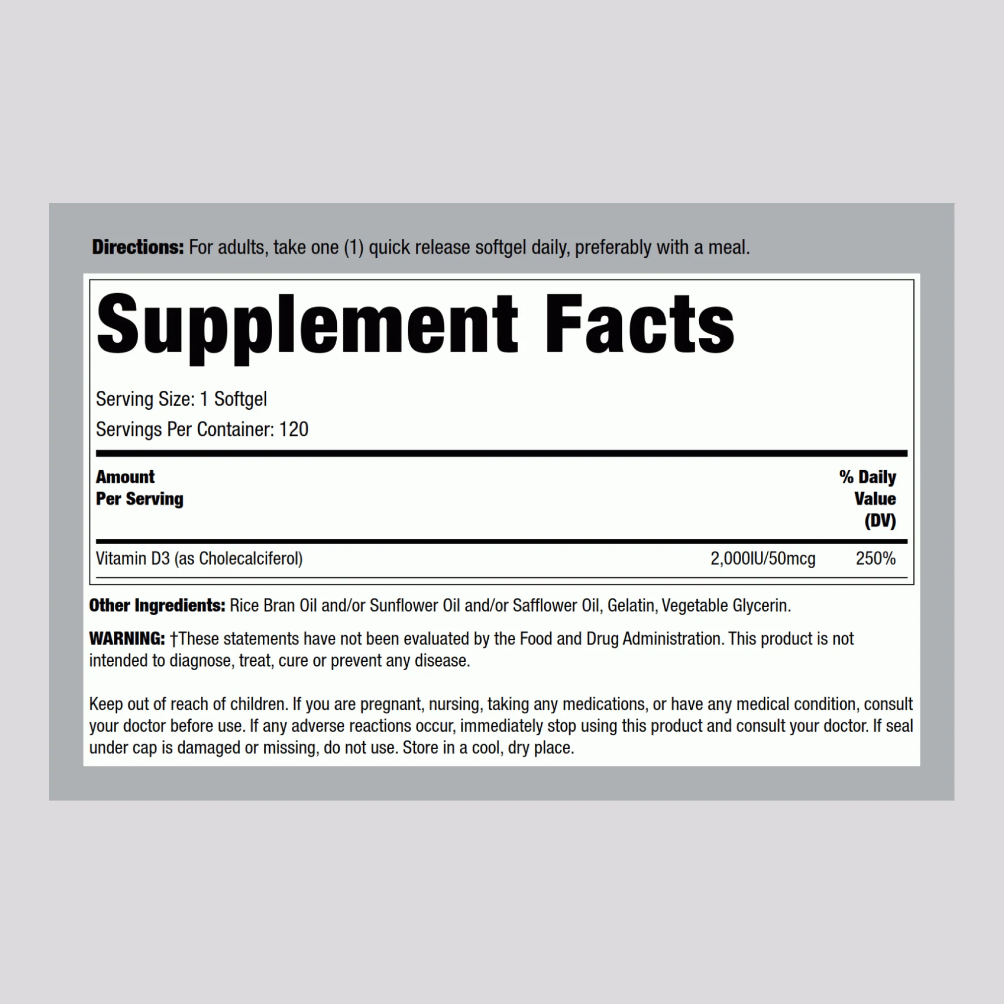 Vitamin D3, 2000 IU, 120 Quick Release Softgels - Image 2
