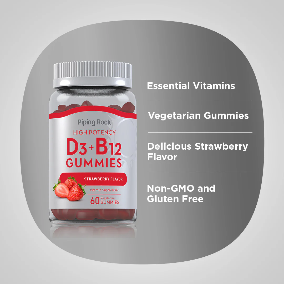 Vitamin D3 + B12 (Delicious Strawberry), 60 Vegetarian Gummies - Image 3