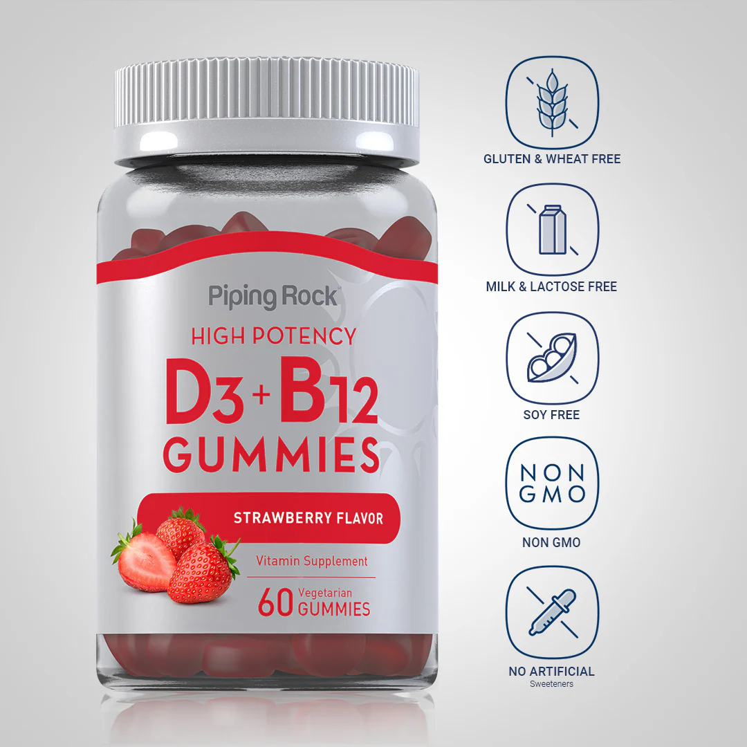 Vitamin D3 + B12 (Delicious Strawberry), 60 Vegetarian Gummies, 2  Bottles - Image 4