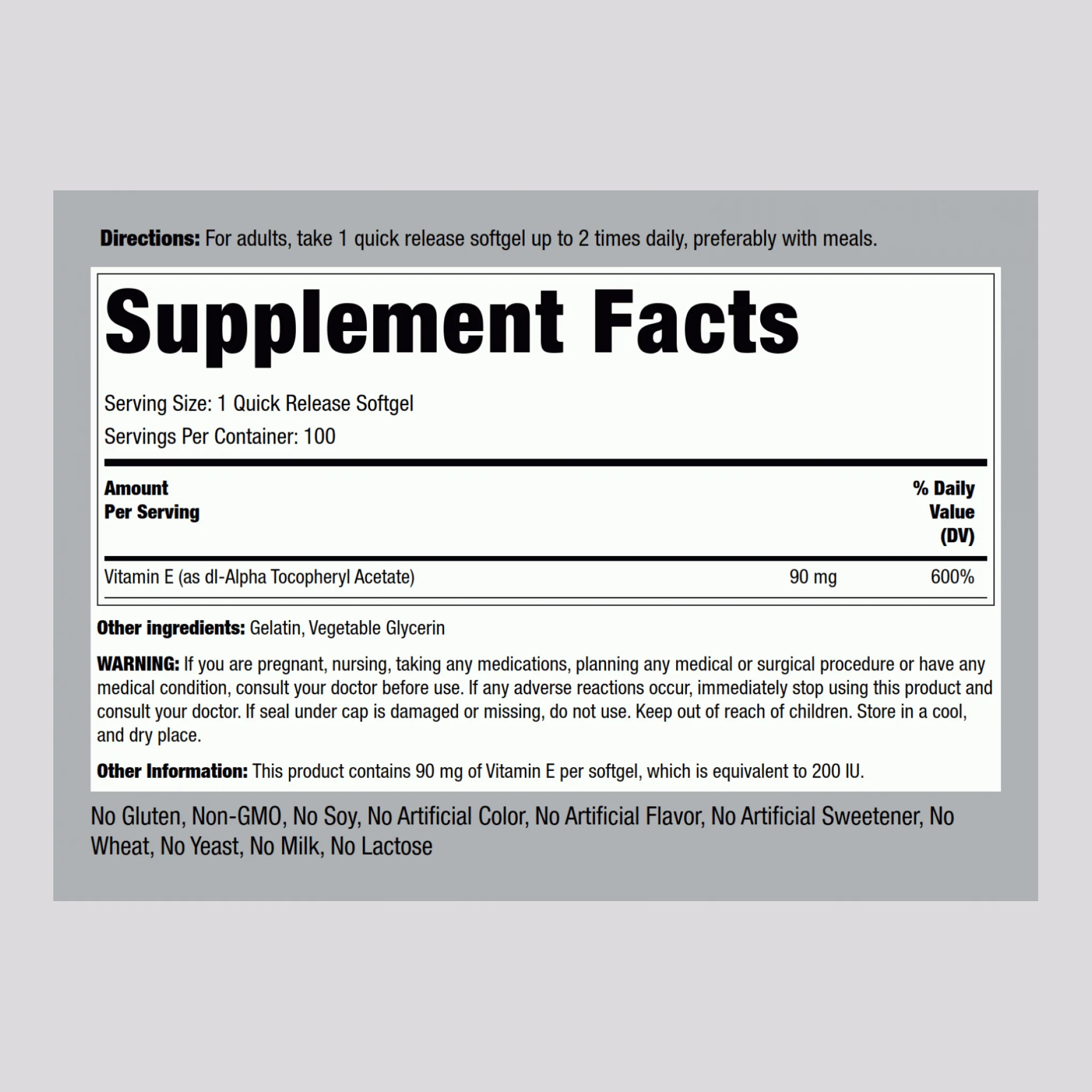 Vitamin E, 200 IU, 100 Quick Release Softgels - Image 2