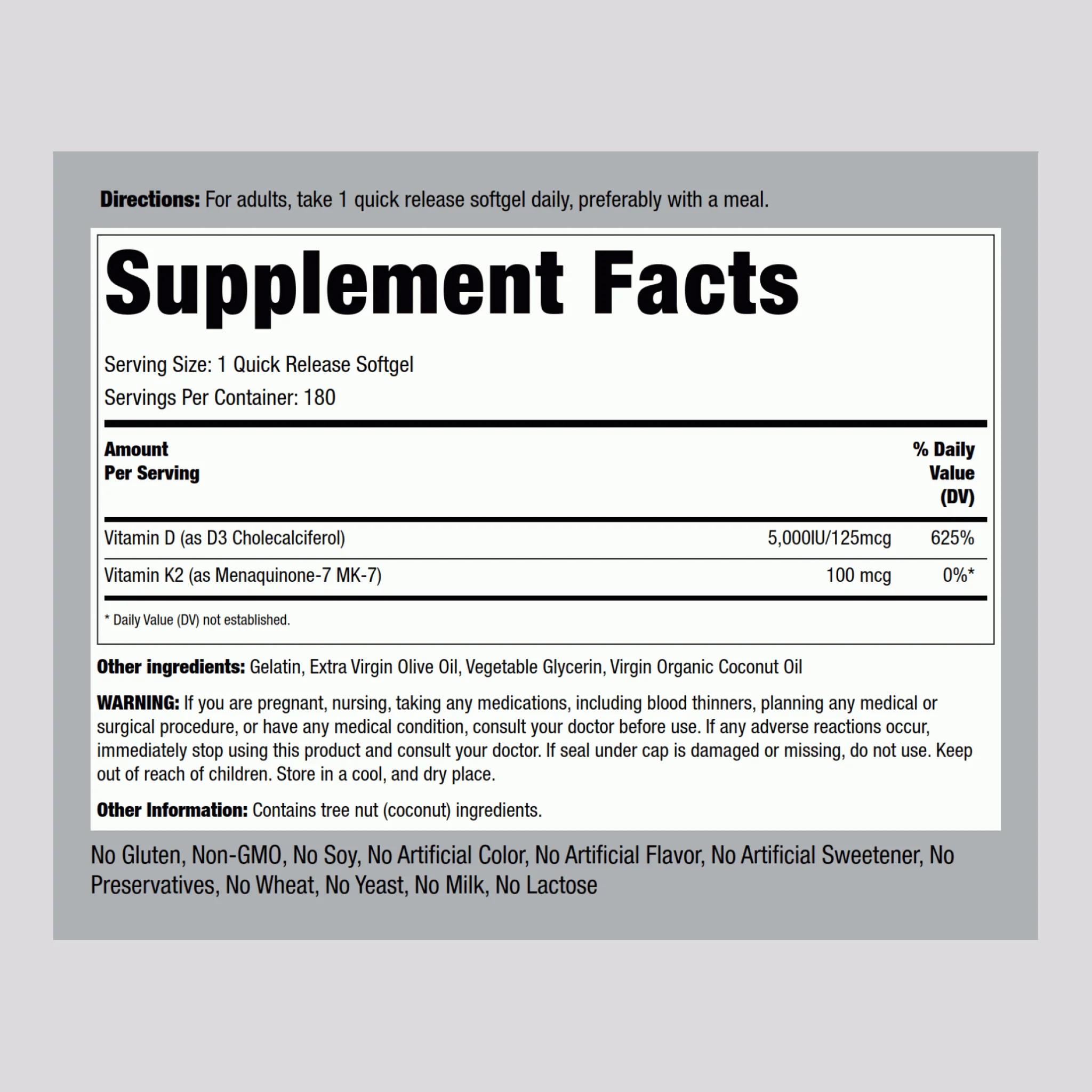 Vitamin K-2 Complex 100 mcg with D3, 180 Quick Release Softgels - Image 2