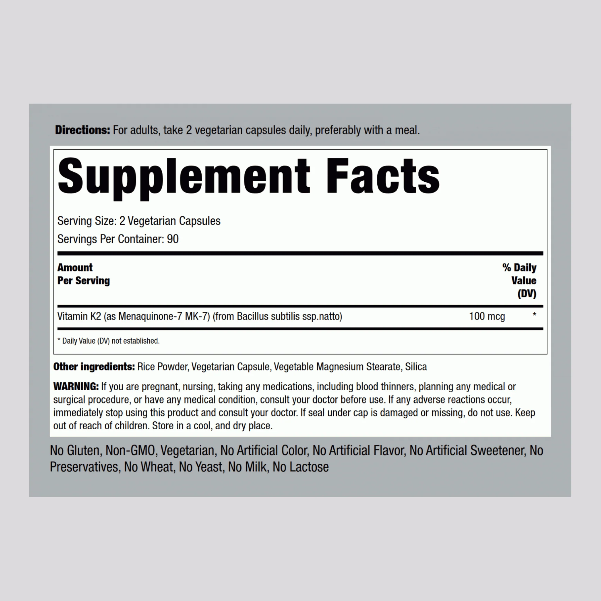 Vitamin K-2 MK-7, 100 mcg (per serving), 180 Vegetarian Capsules - Image 2