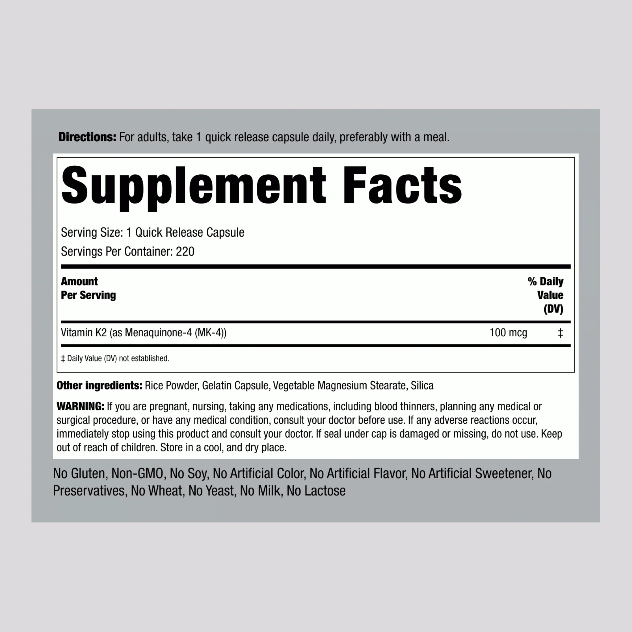 Vitamin K-2 with MK-4, 100 mcg, 220 Capsules - Image 2