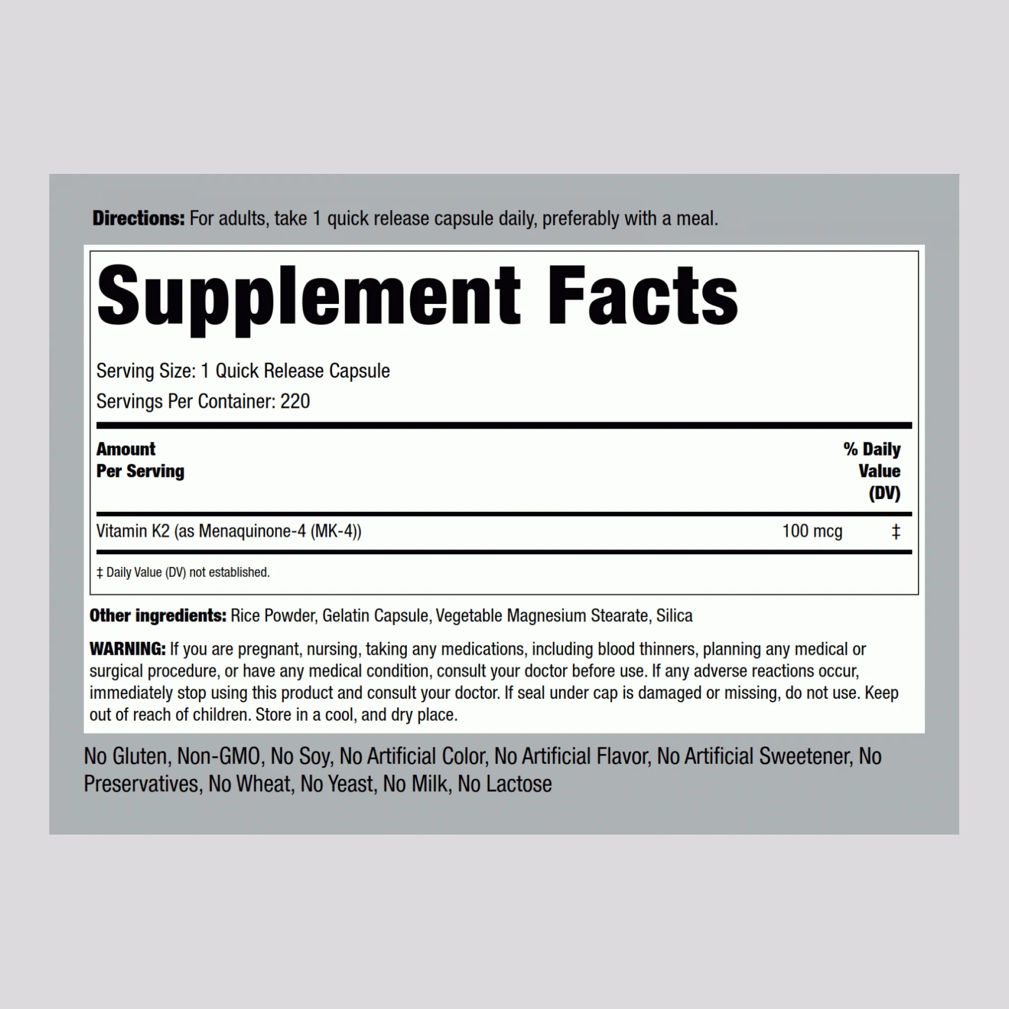 Vitamin K-2 with MK-4, 100 mcg, 220 Capsules, 2  Bottles - Image 2