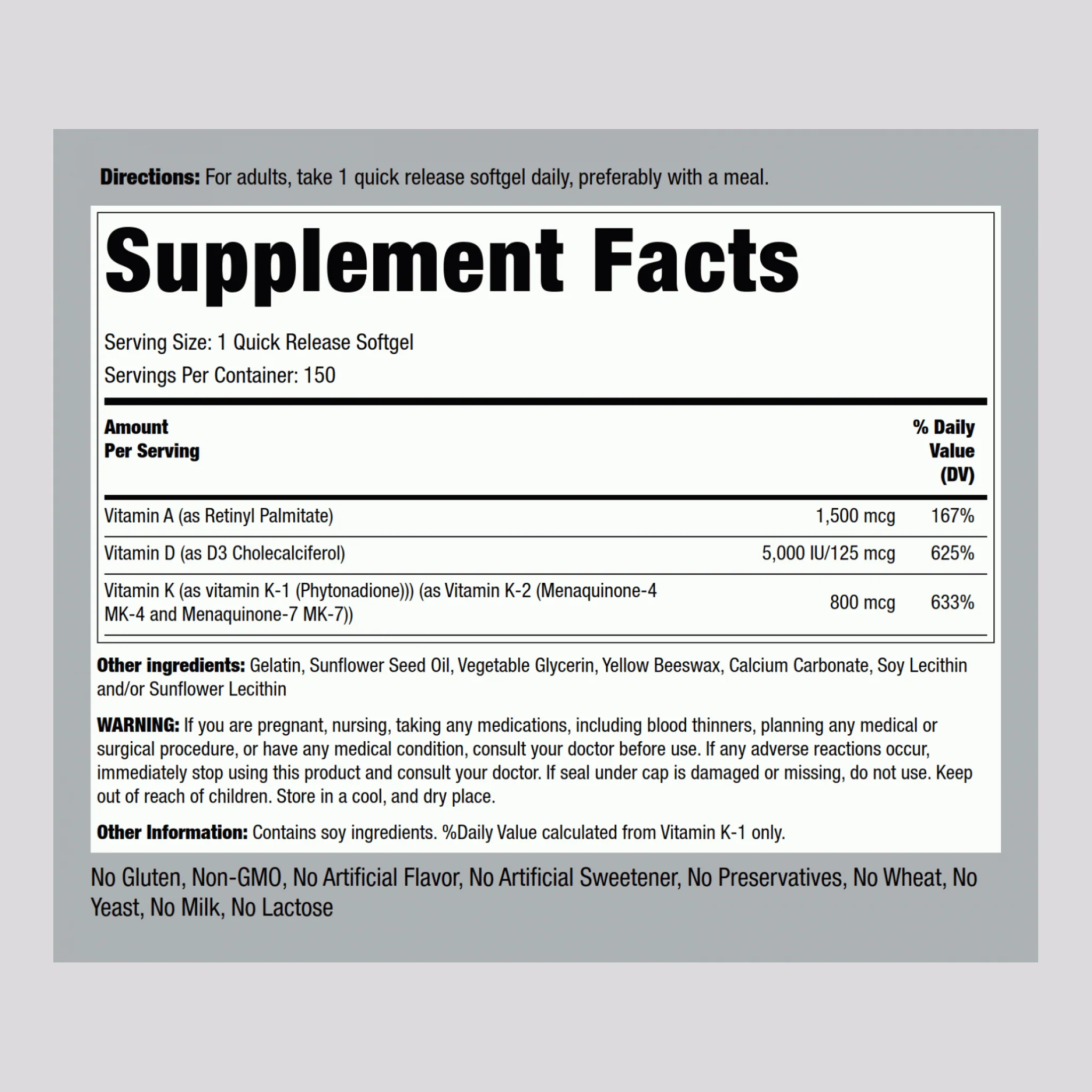 Vitamins A (1500 mcg) D (5000 IU) & K (800 mcg), 150 Quick Release Softgels - Image 2