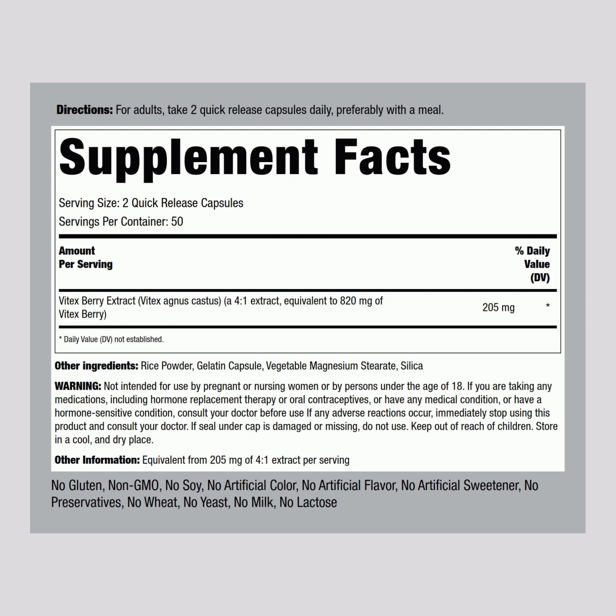 Vitex (Chasteberry Fruit), 820 mg (per serving), 100 Quick Release Capsules - Image 2