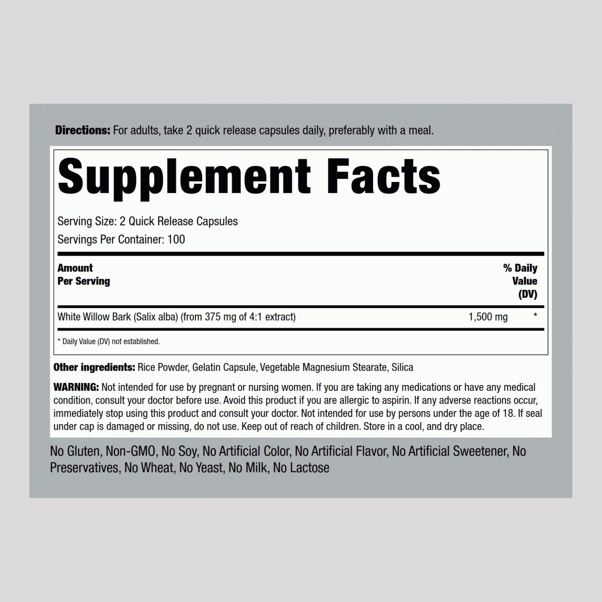 White Willow Bark, 1500 mg (per serving), 200 Quick Release Capsules - Image 2