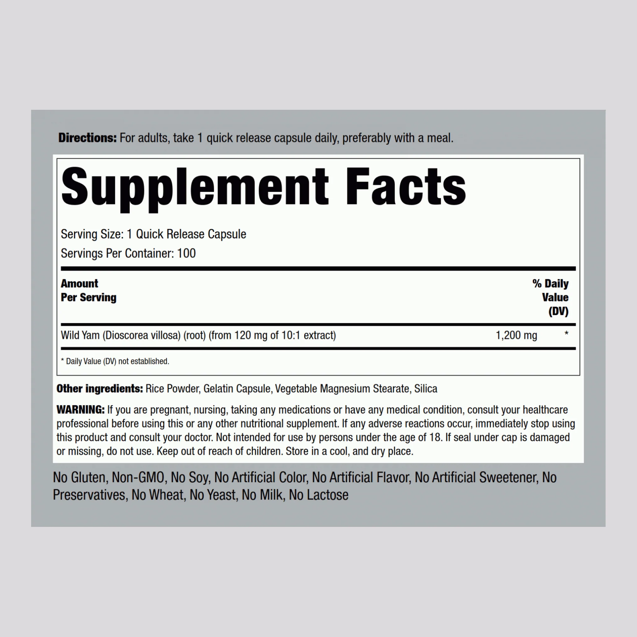 Wild Yam Root, 1200 mg, 100 Quick Release Capsules, 2  Bottles - Image 2